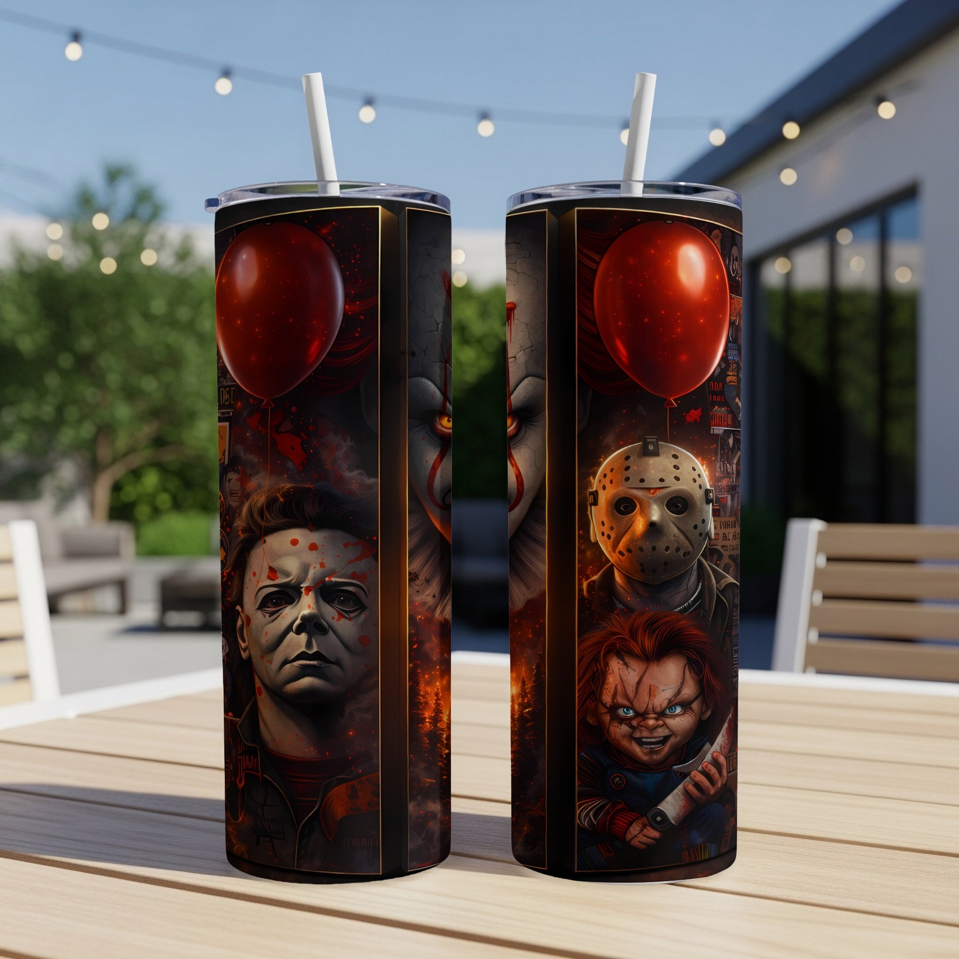 Tumbler featuring horror movie characters Michael Myers, Pennywise, Jason Voorhees, and Chucky.