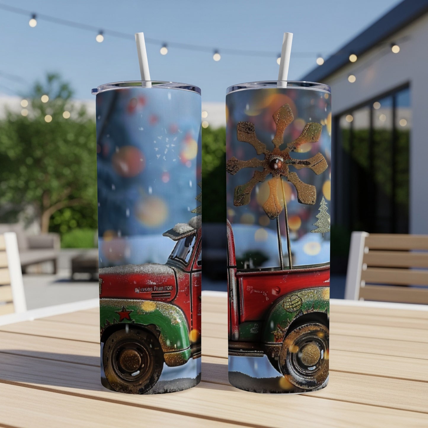 Red vintage truck with Christmas tree and snowflake design on tumbler.
