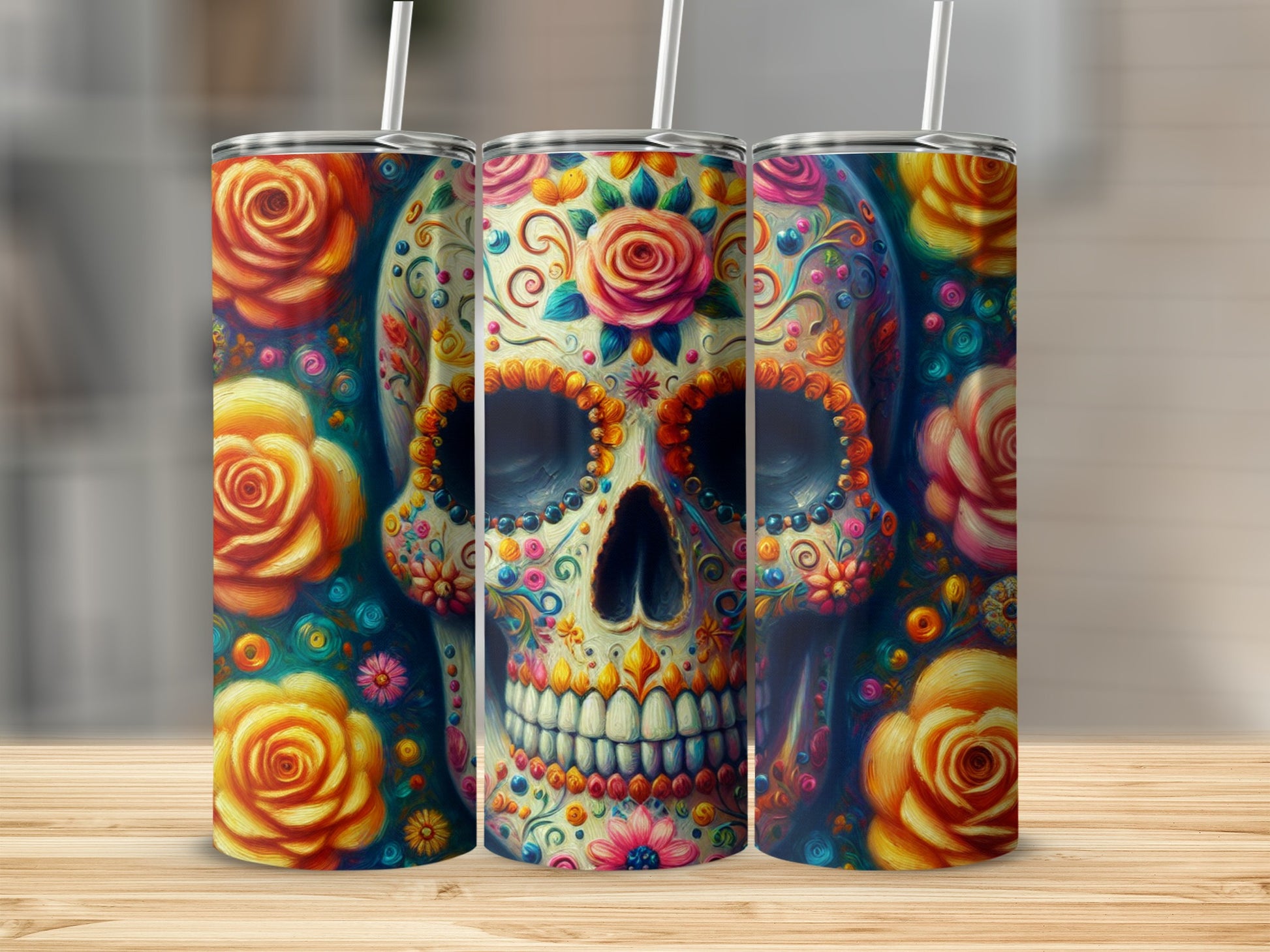 Floral skull tumbler with straw, detailed colorful design against a blurred background.