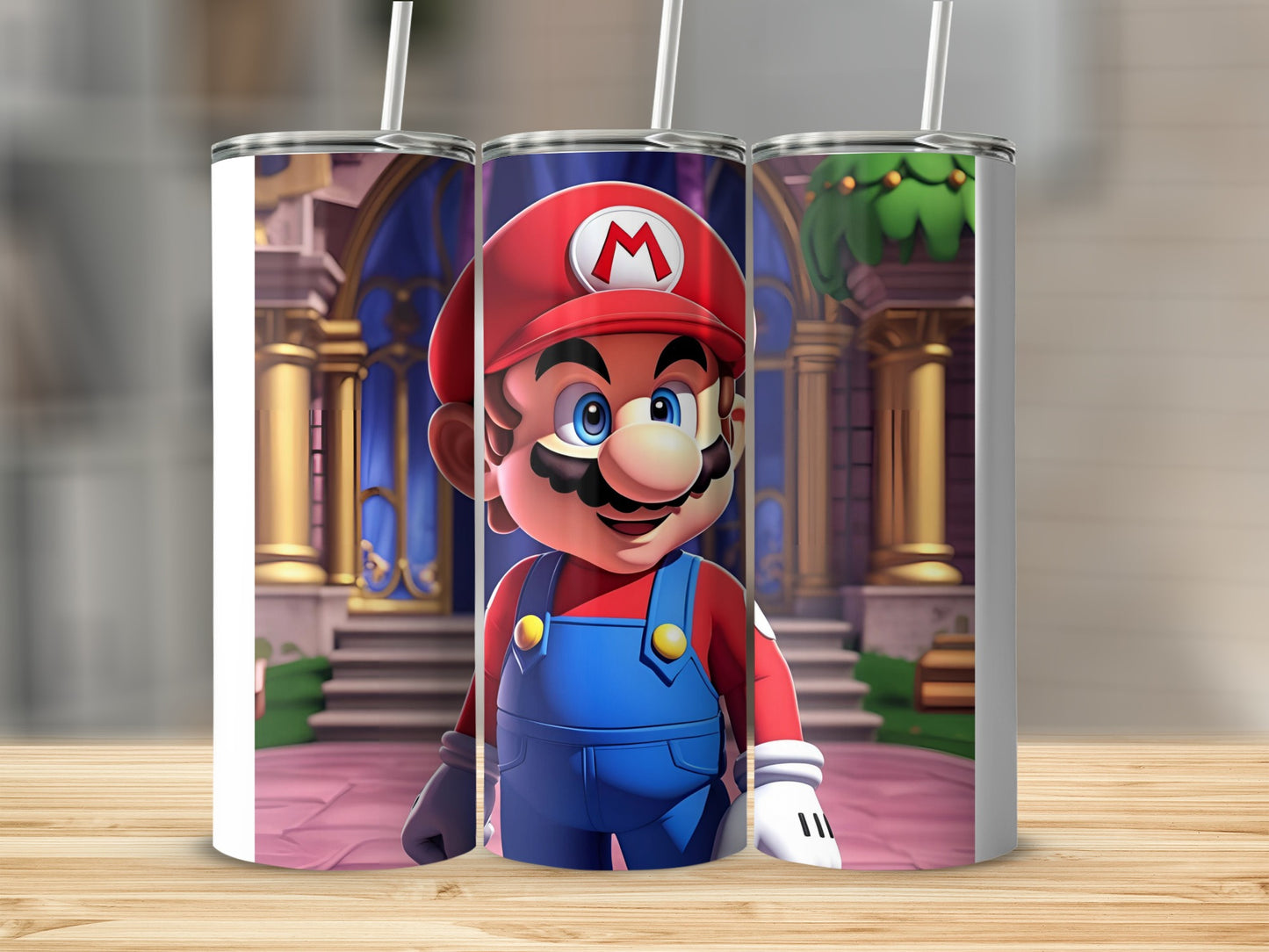 Mario character on a white tumbler with a castle background.