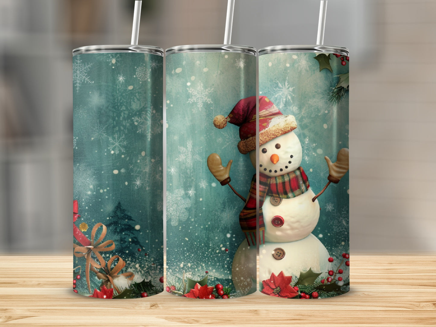 Three tumblers with a snowman and snowflakes, one showing a close-up.