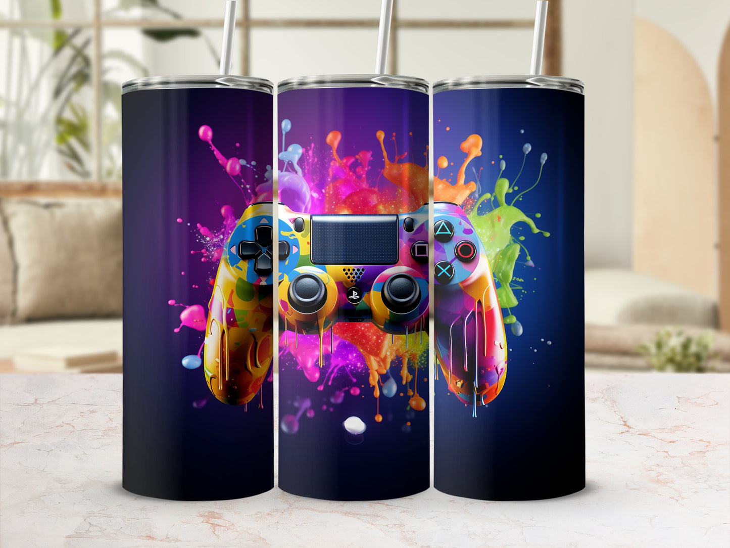 Colorful Gaming Controller Splatter Design Tumbler