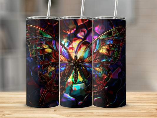 Three tumblers featuring a stained-glass butterfly design.