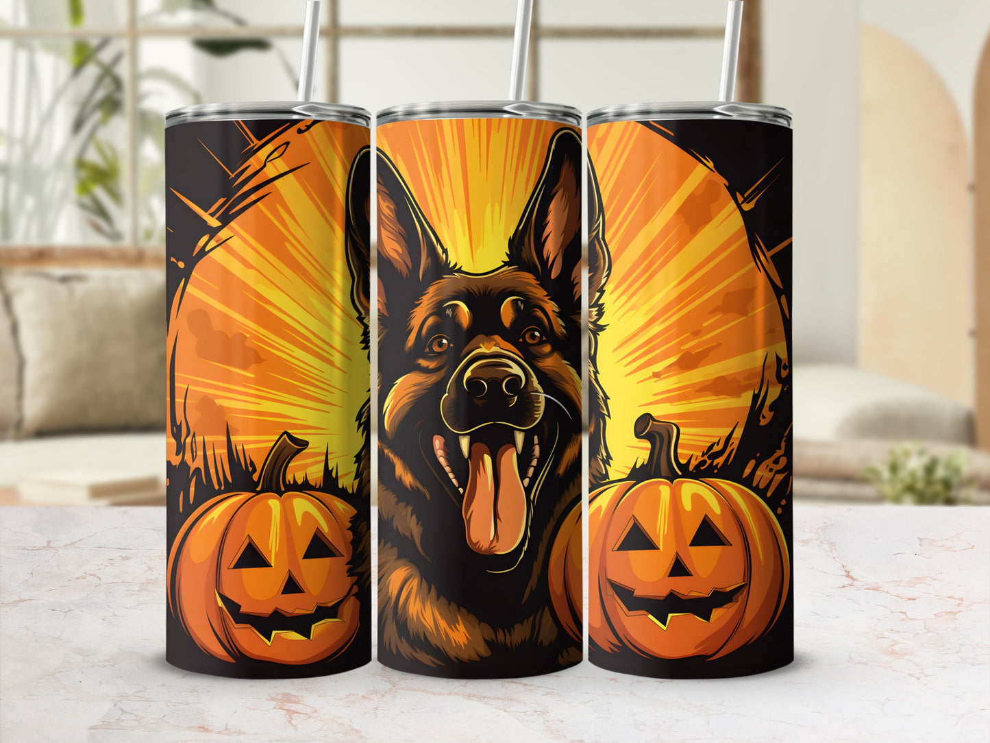 German Shepherd with pumpkins and Halloween sunburst graphic on a tumbler.