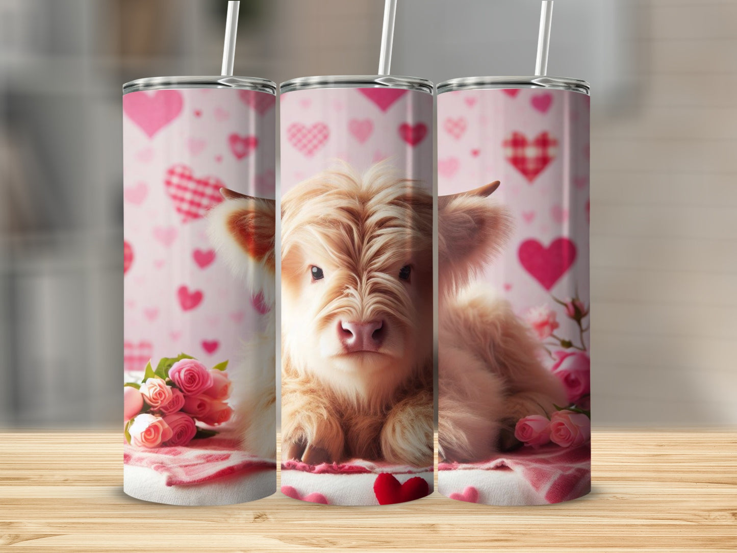 Cute Highland Cow and Pink Hearts Stainless Steel Tumbler