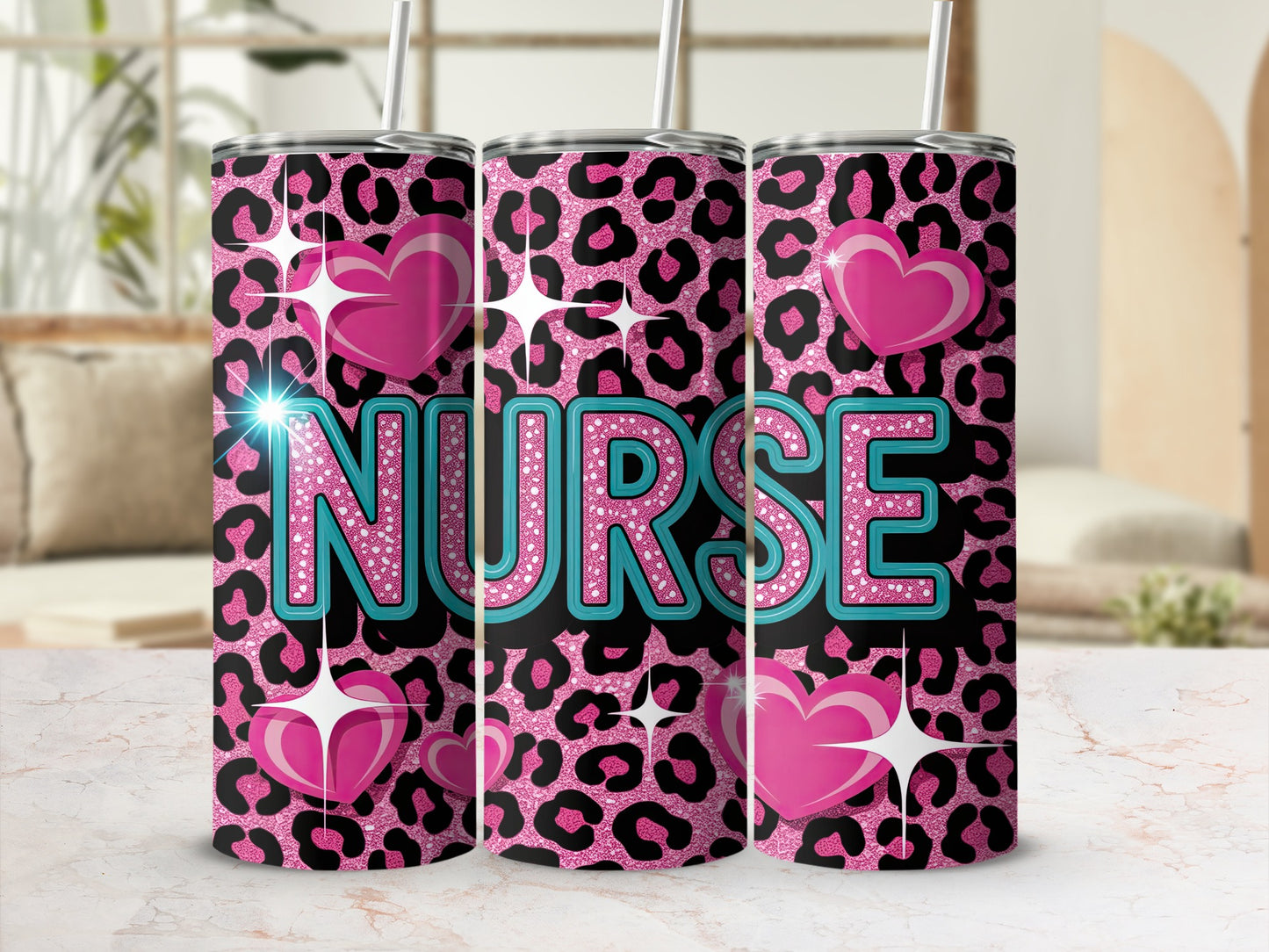Pink leopard print tumbler with "NURSE" in turquoise glitter and hearts.
