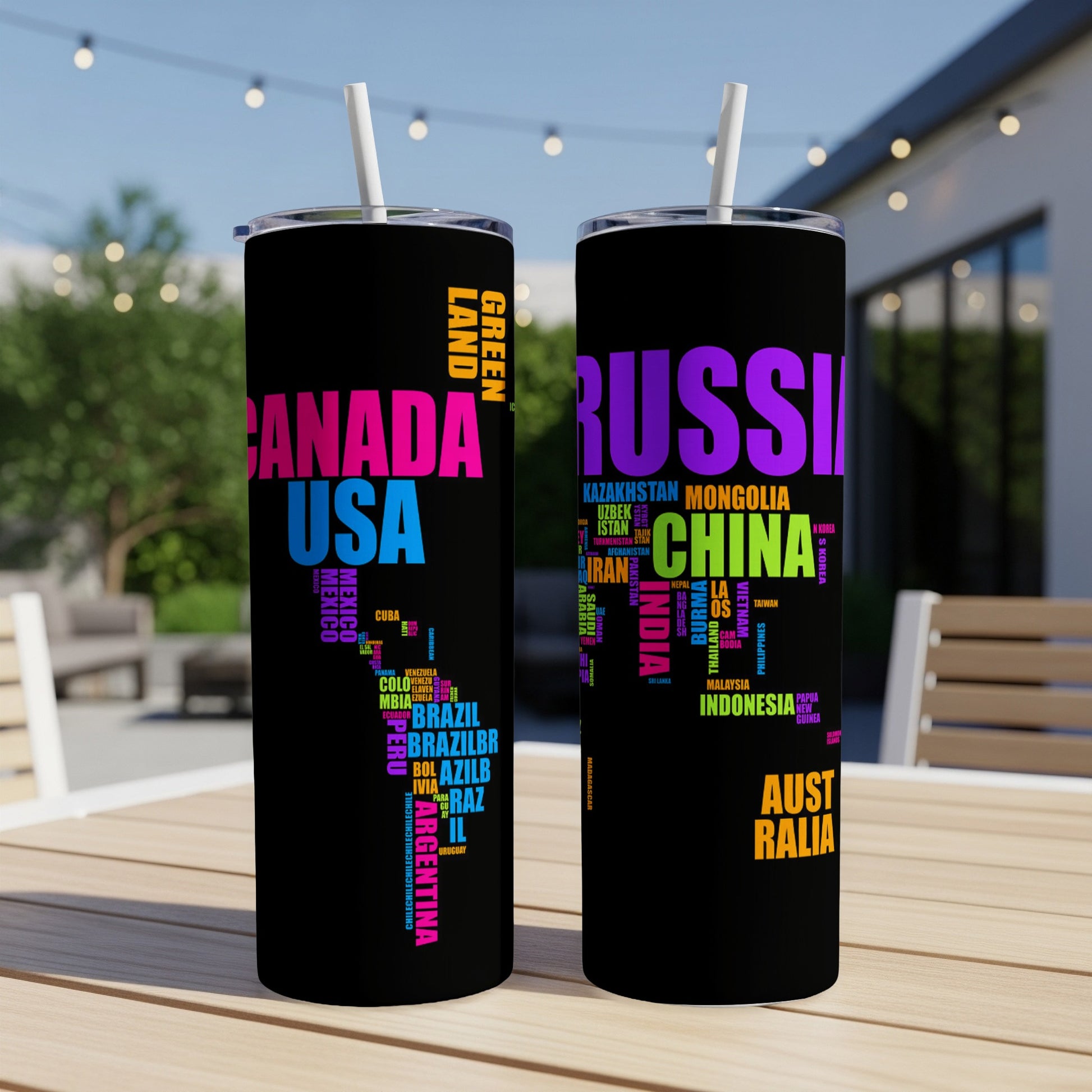 Black tumblers with colorful country names in various sizes and orientations.