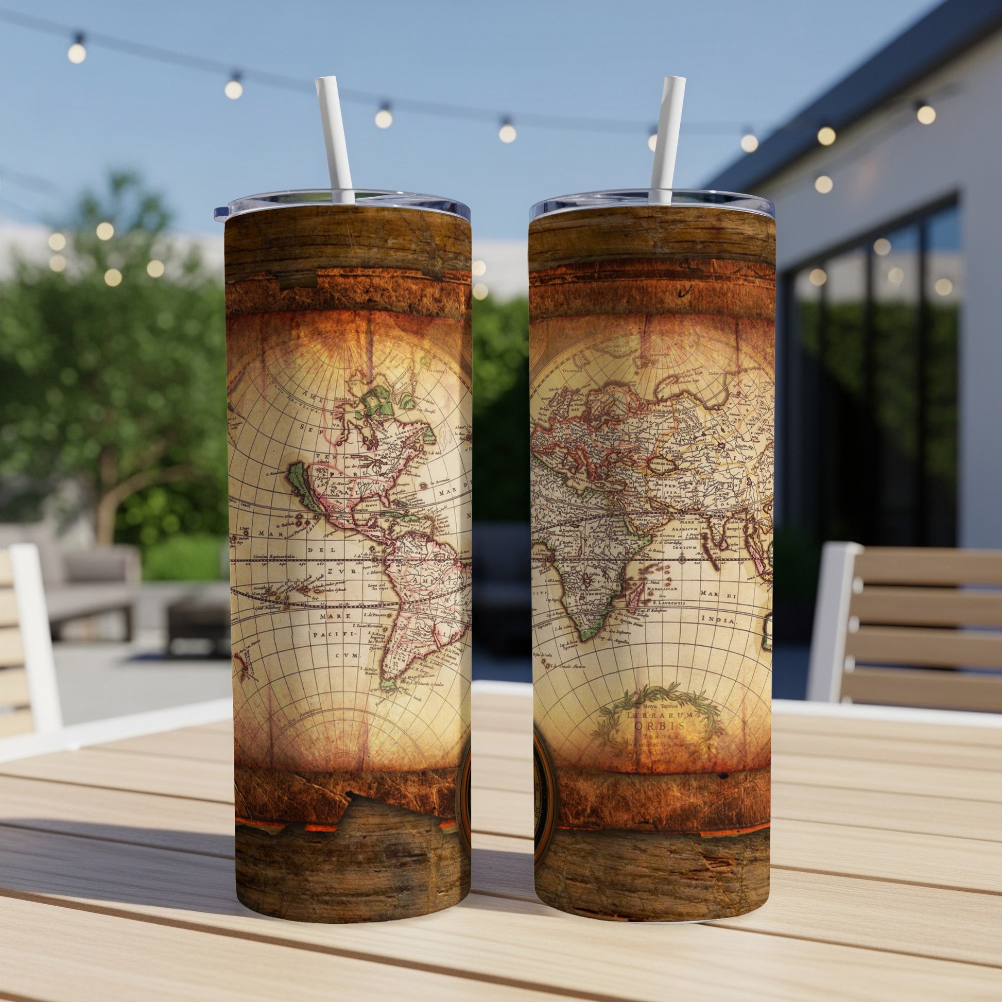 Two tumblers with antique world map designs featuring wood grain textures.