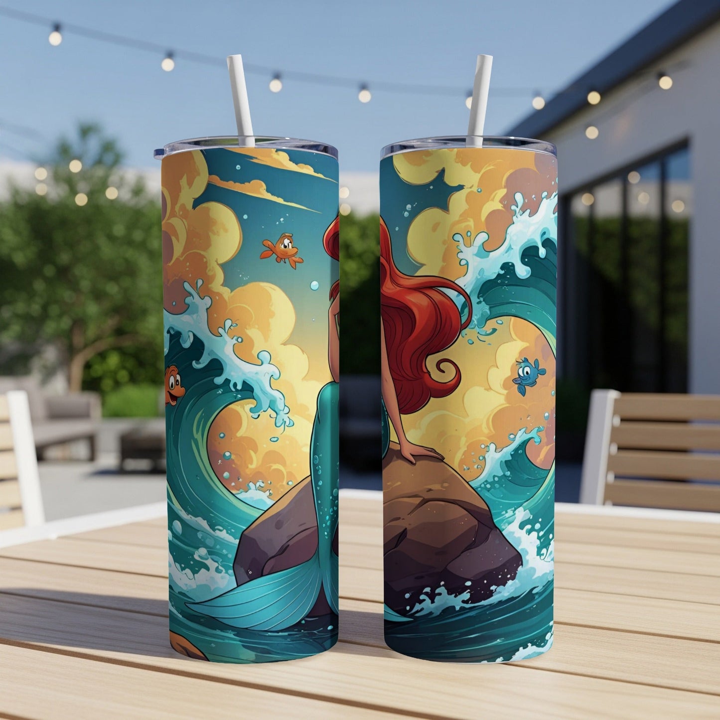 Ariel the Little Mermaid sits on a rock surrounded by waves, with fish and a yellow sky.