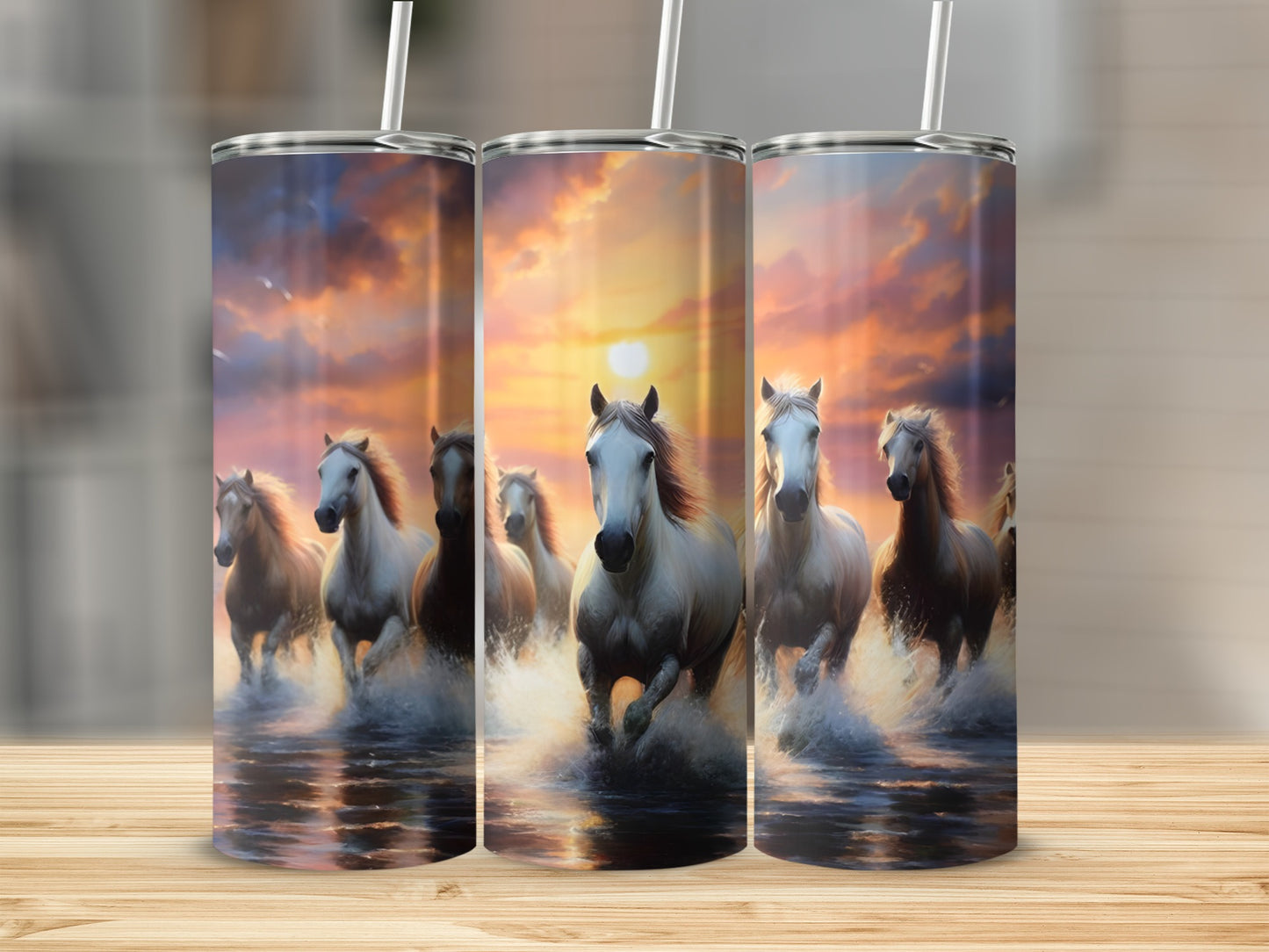Three tumblers showing horses running through water at sunset.