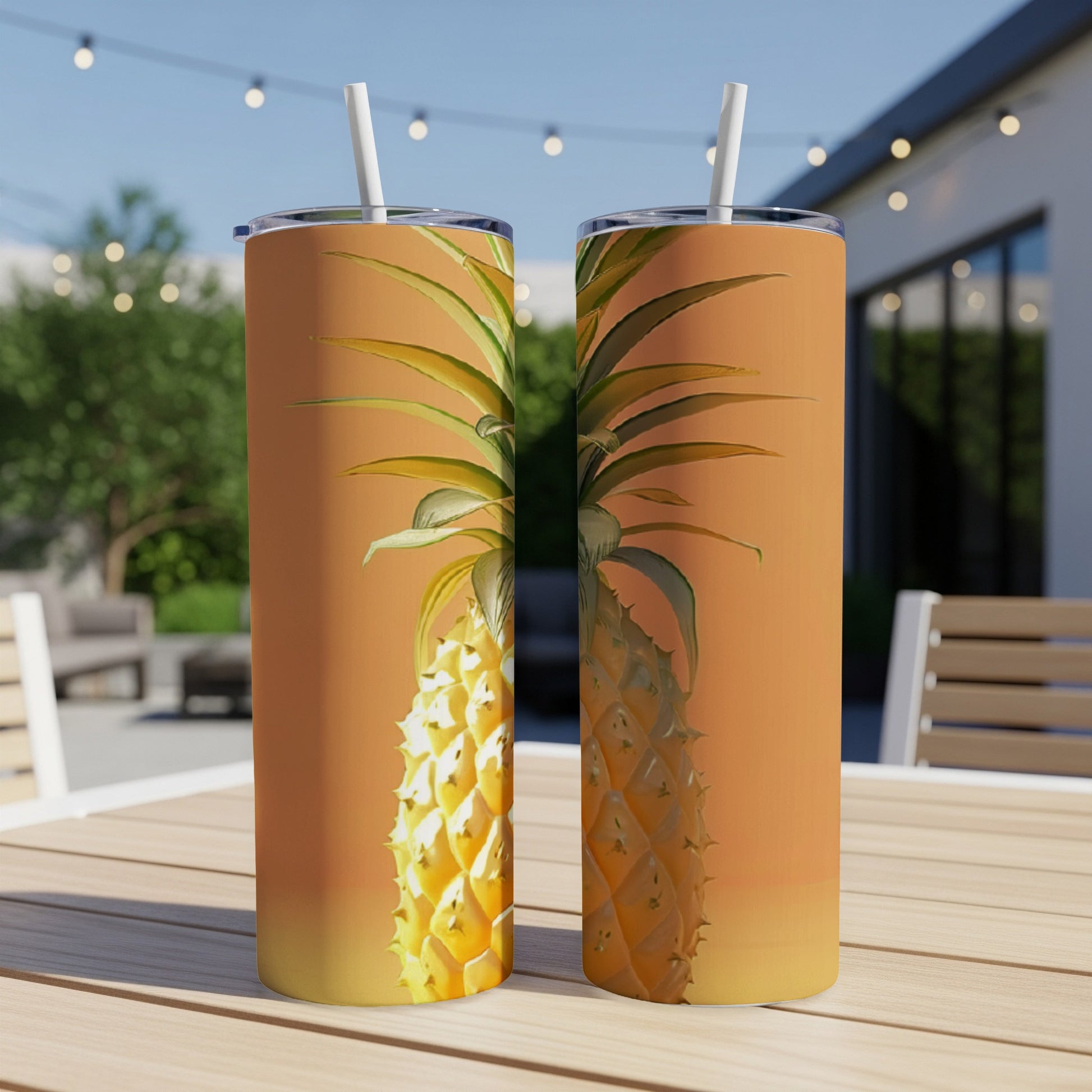 Two tumblers with a pineapple design on an orange background.