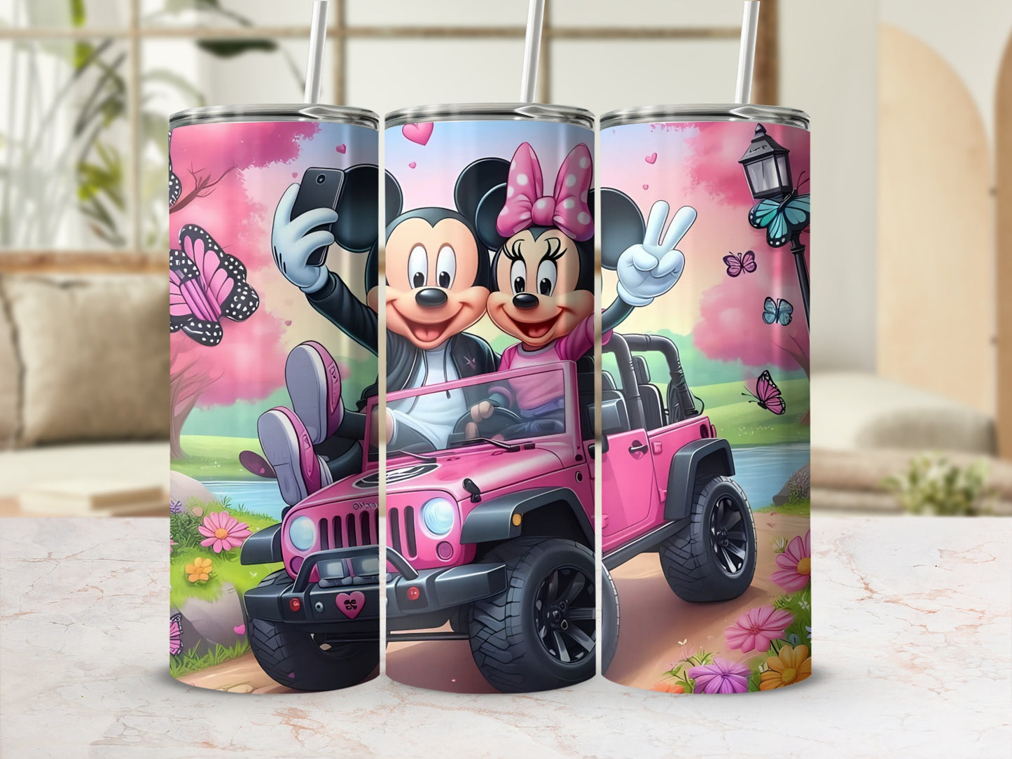 Cute Cartoon Characters Driving Pink Car Tumbler