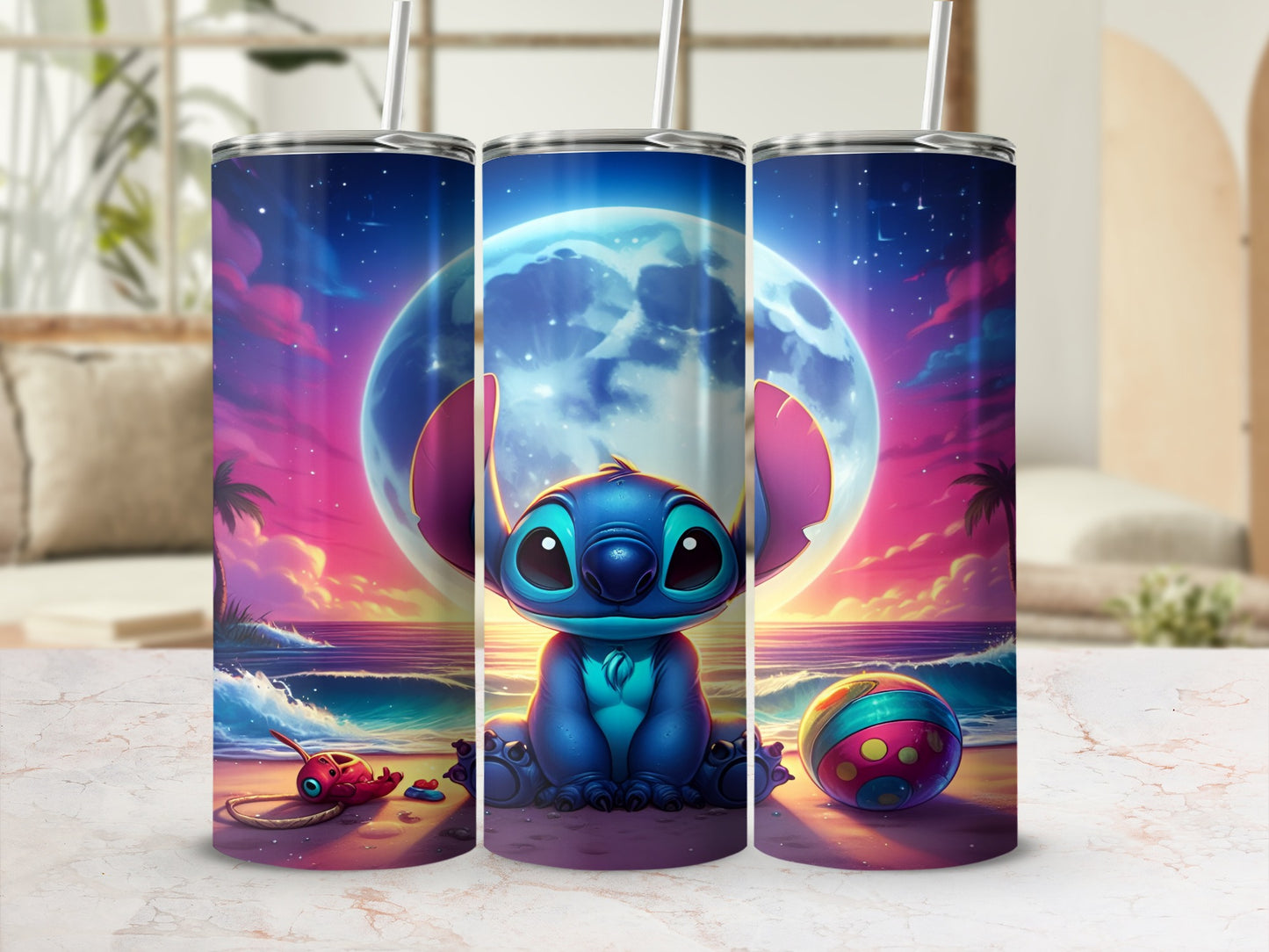 Stitch sitting on beach with moon and beach ball.
