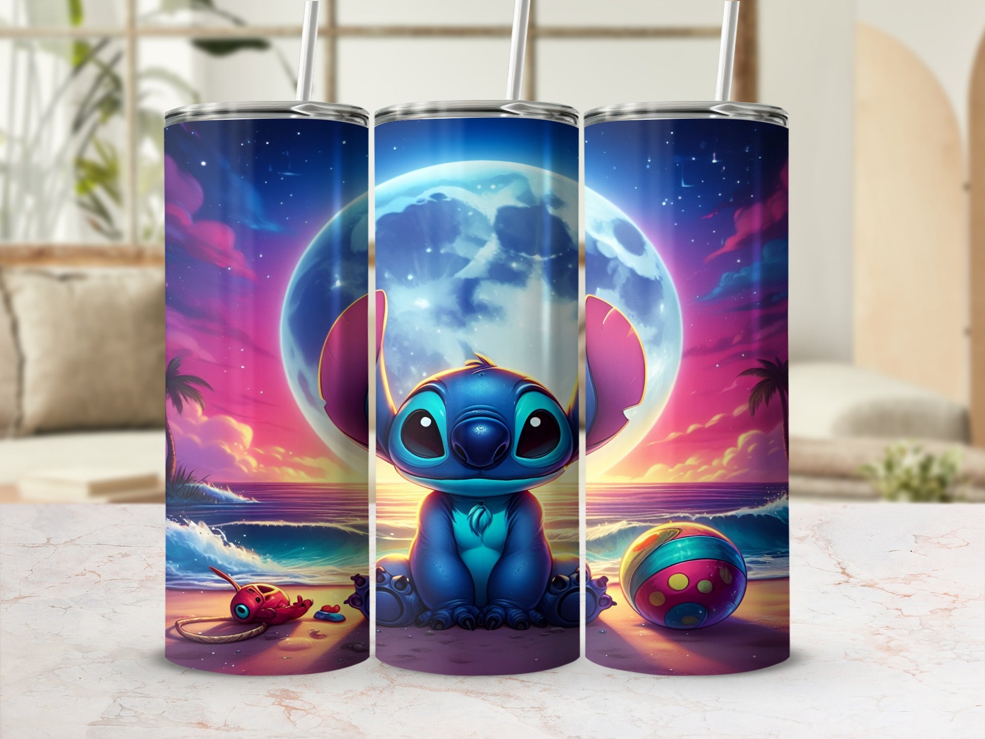 Stitch sitting on beach with moon and beach ball.