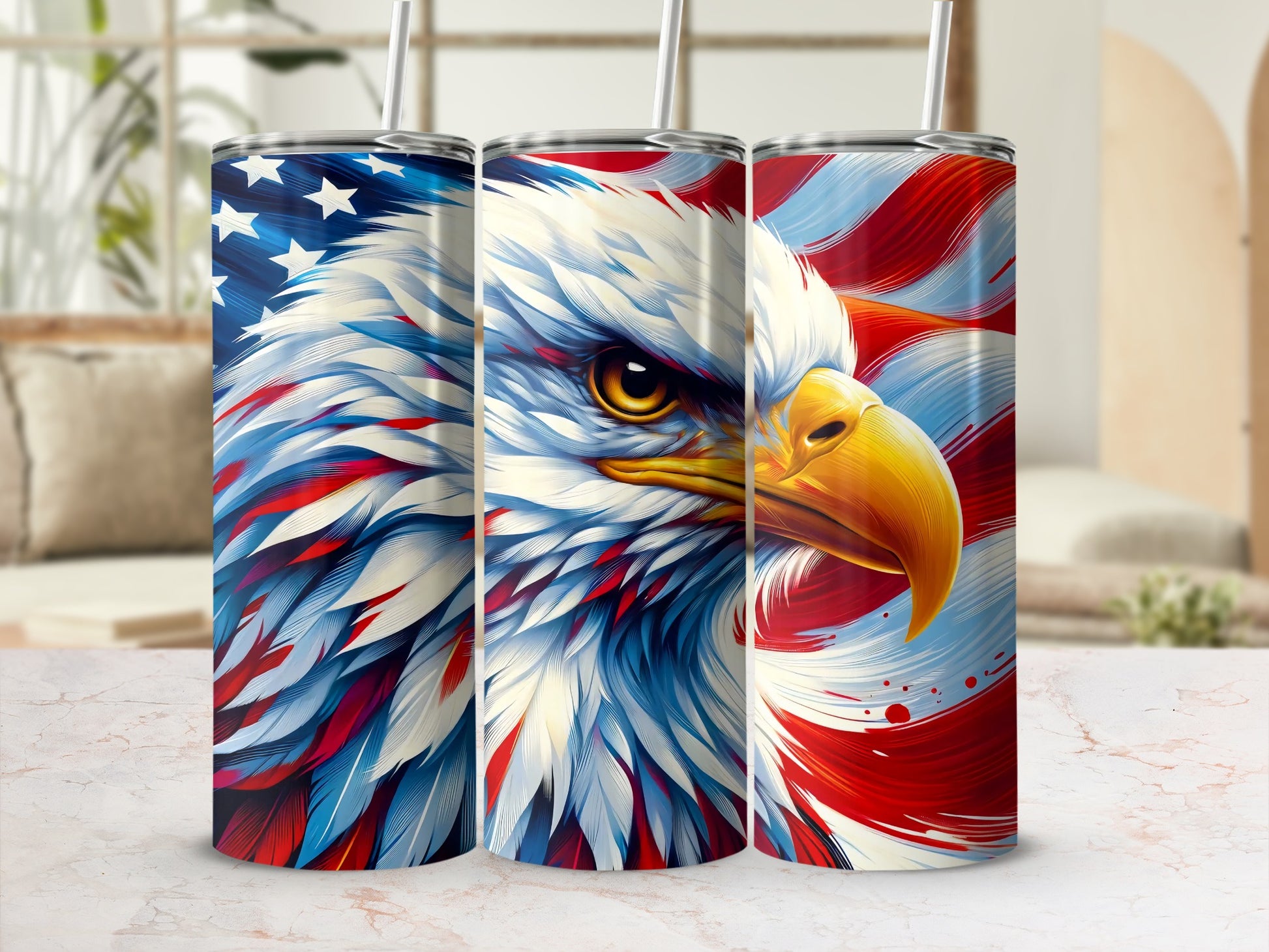 Three tumblers featuring a patriotic eagle design with American flag elements.