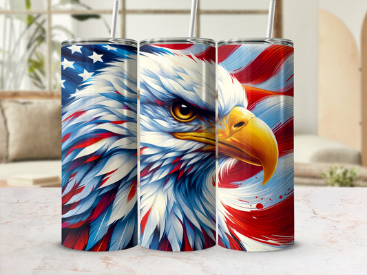Three tumblers featuring a patriotic eagle design with American flag elements.