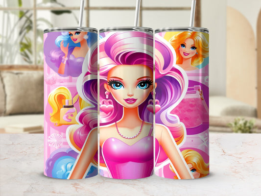Pink-haired cartoon girl on tumbler, surrounded by pink hearts and bottles.