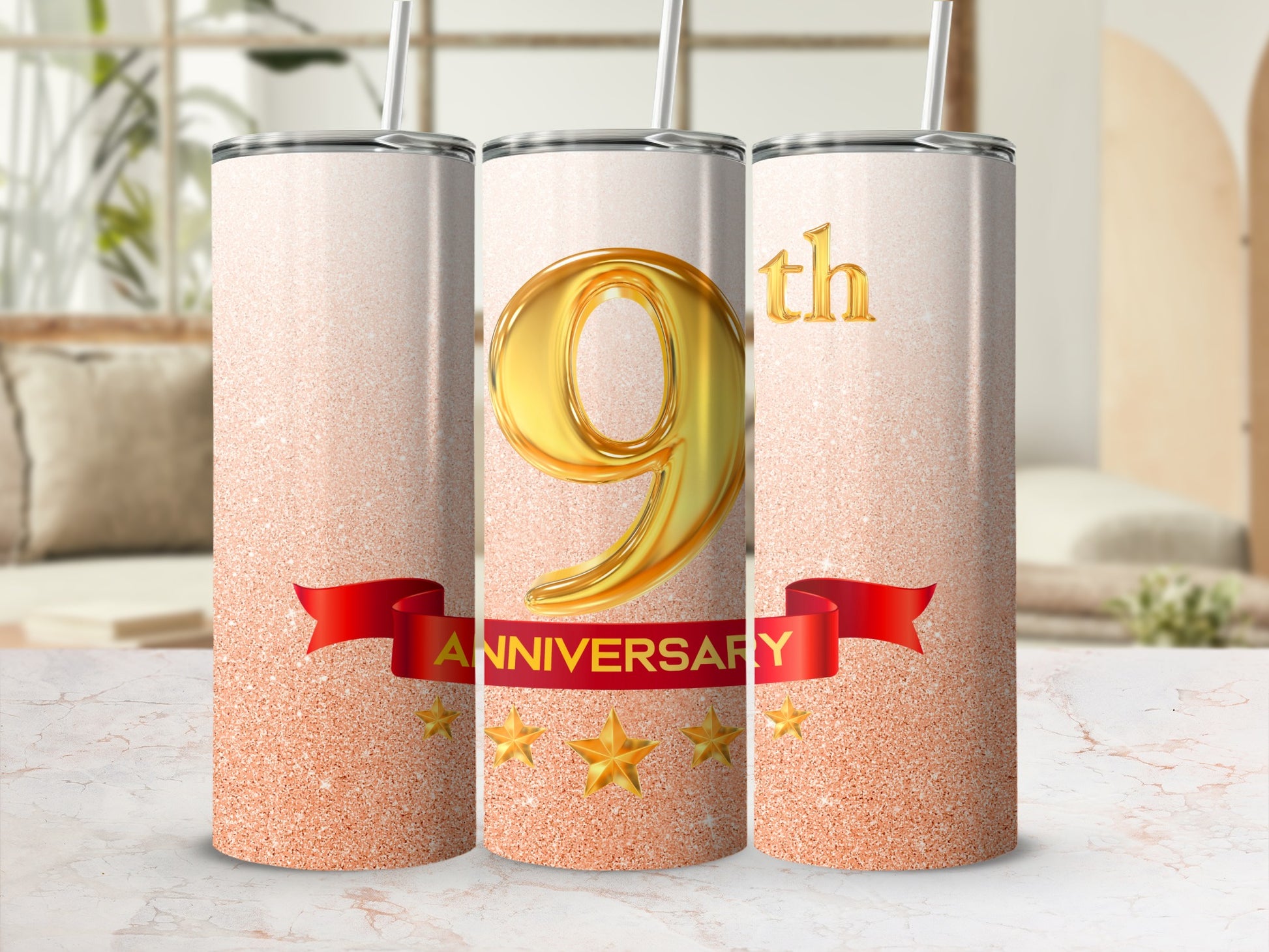 Three glittery tumblers with "9th ANNIVERSARY" text and gold stars.