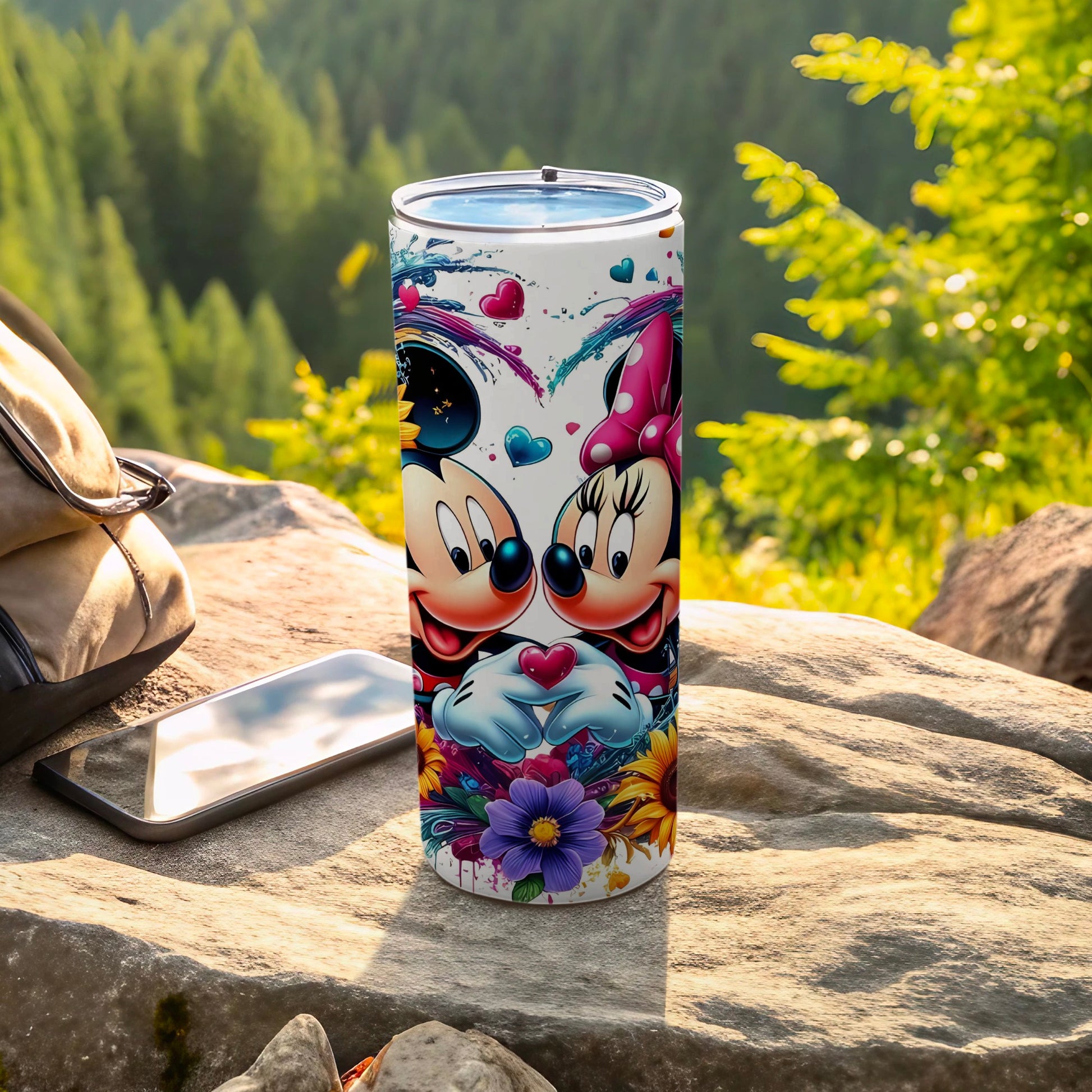 Adorable Cartoon Couple with Flowers Travel Tumbler