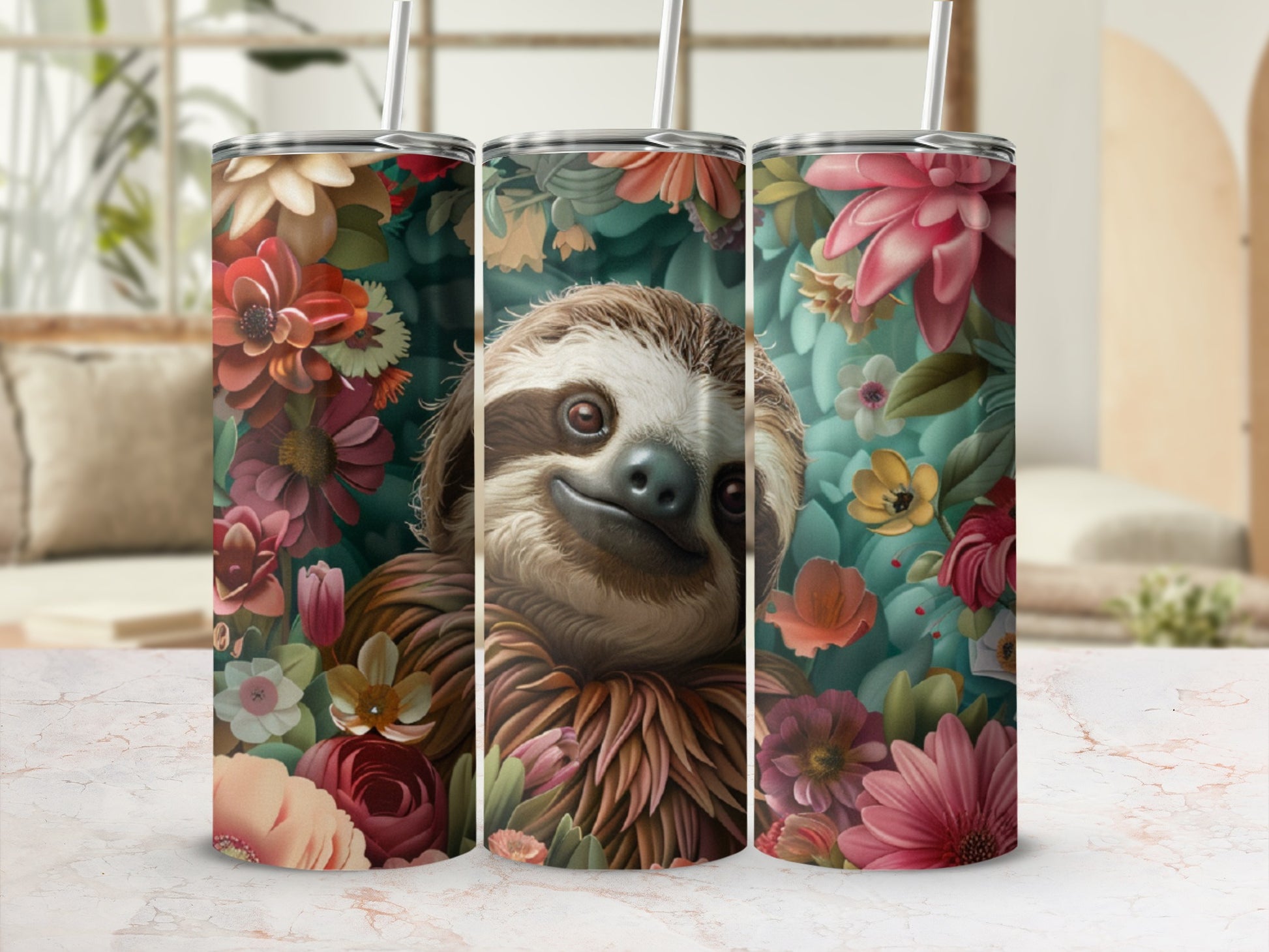 Sloth surrounded by colorful flowers and greenery.