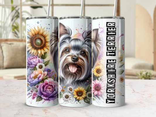 Yorkshire Terrier with floral accents on a tumbler.