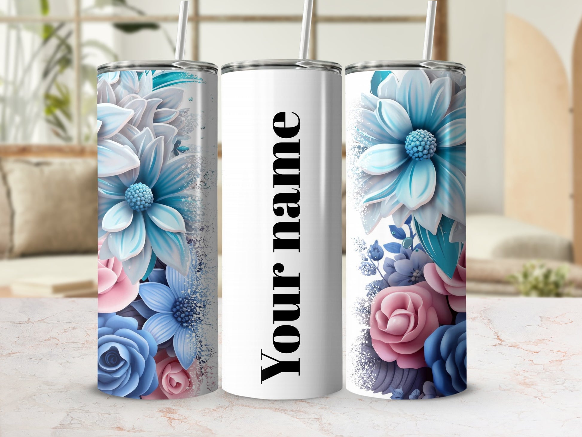 Personalized Floral Tumbler with Your Name Custom Drinkware