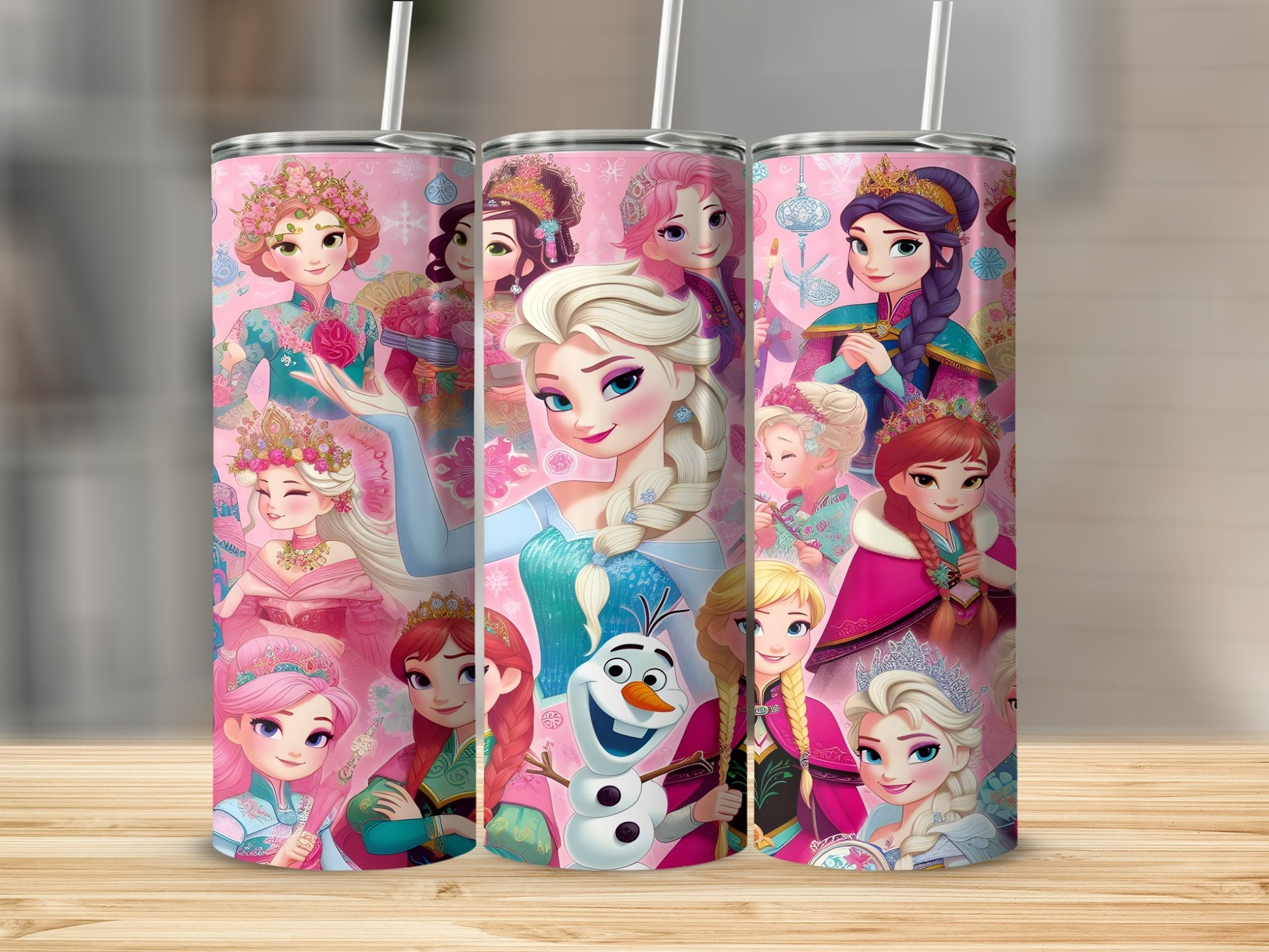 Pink tumbler featuring Elsa and other Frozen characters in cartoon style.