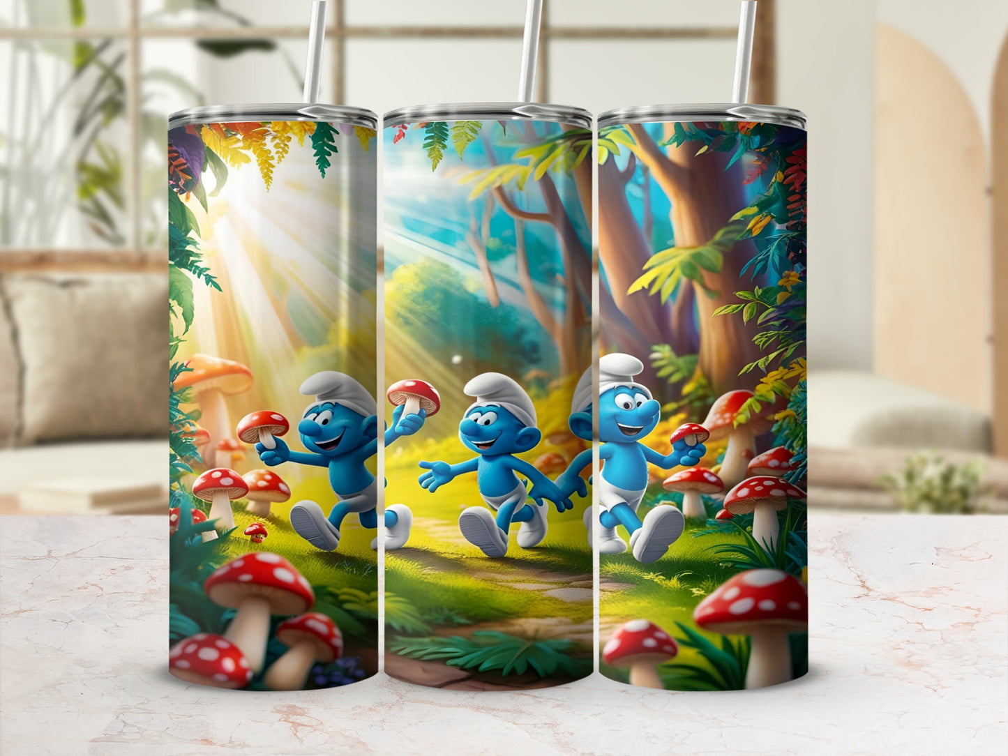 Three Smurfs walking through a sunny forest with mushrooms.