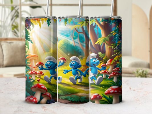 Three Smurfs walking through a sunny forest with mushrooms.