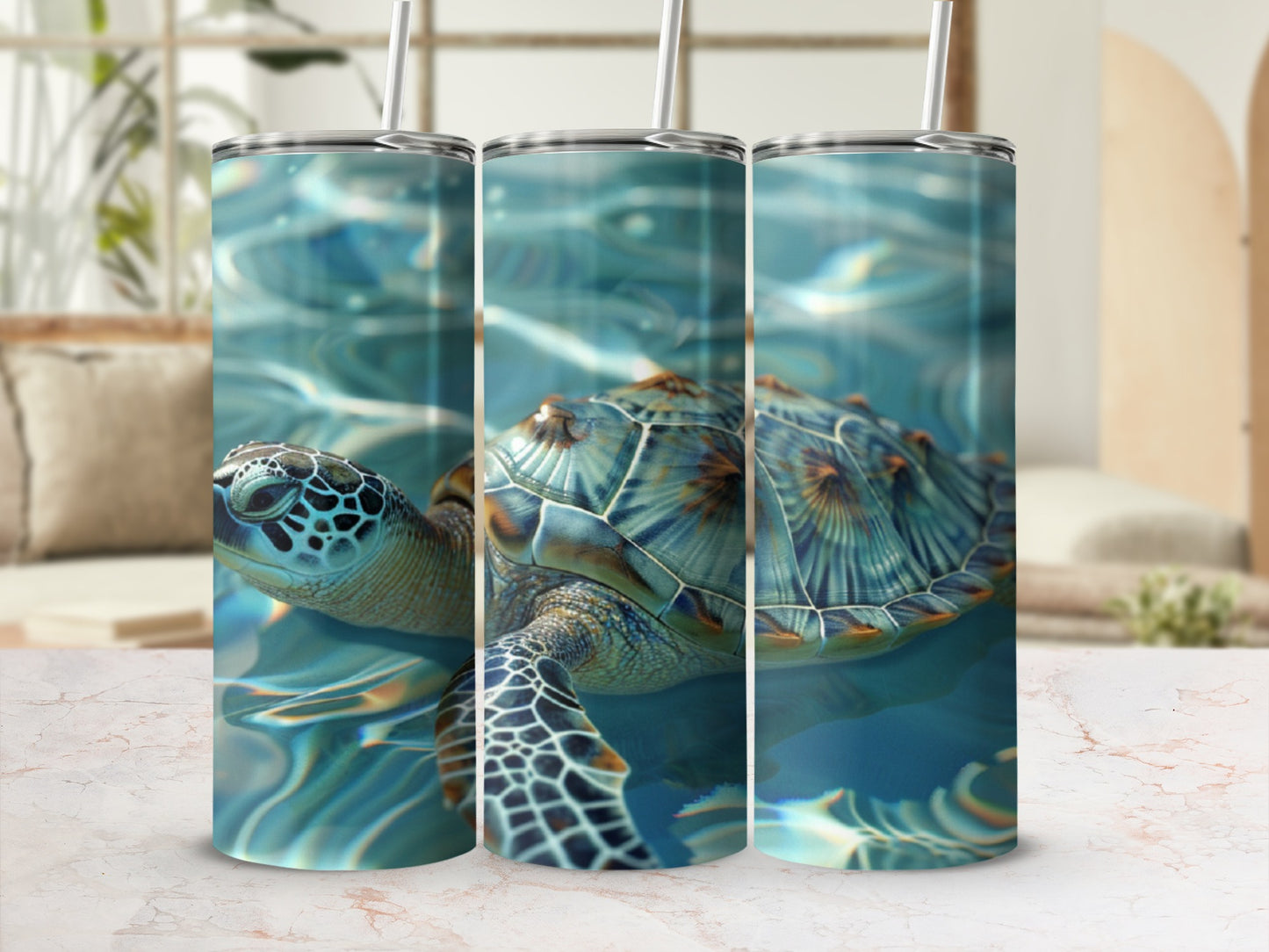 Sea turtle swimming in clear blue water, depicted on three tumblers.