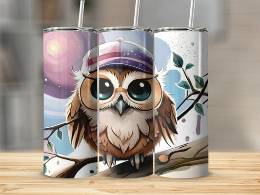 Adorable Owl with Glasses and Hat Design Tumbler