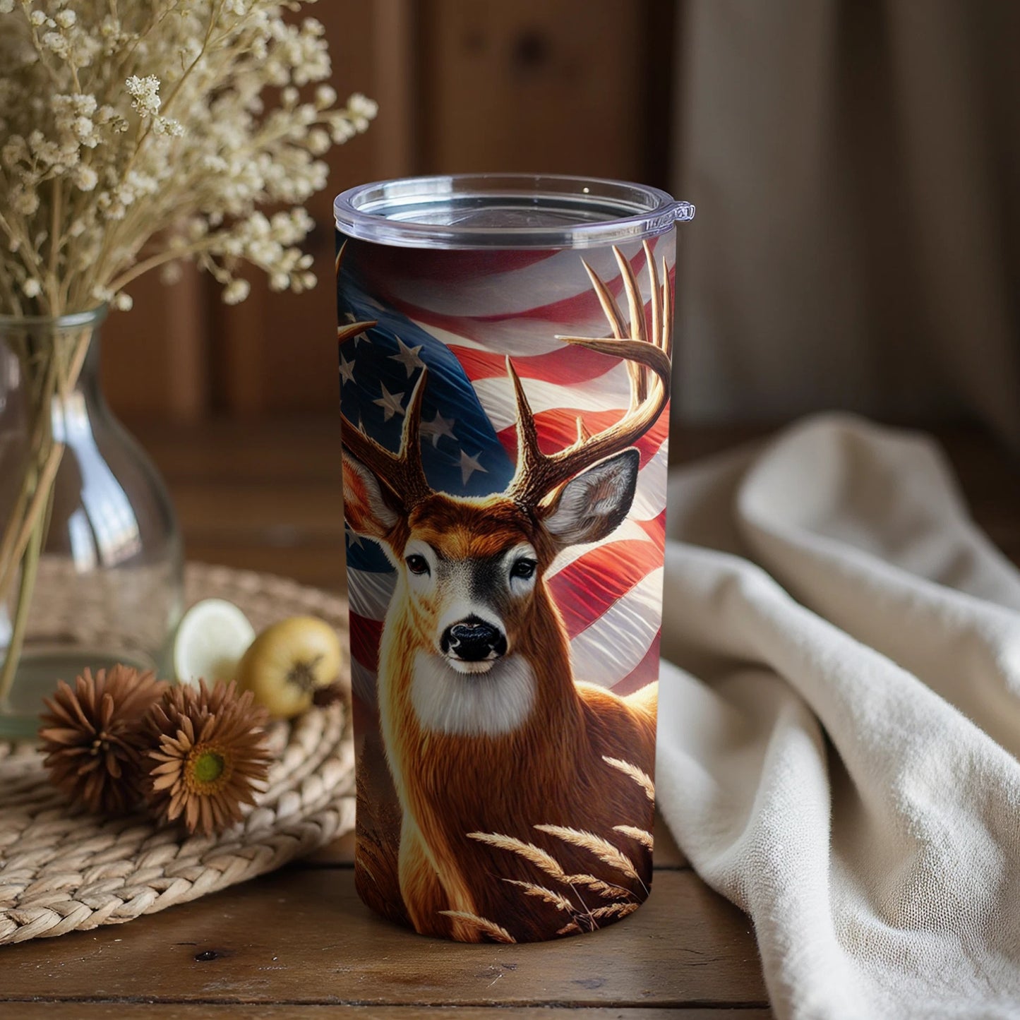Patriotic Deer Design American Flag Tumbler Cup 20oz
