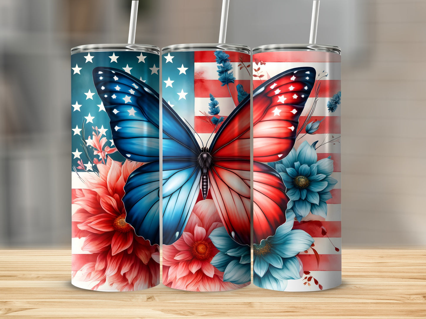 Red, white, and blue butterfly with flowers on patriotic tumbler.