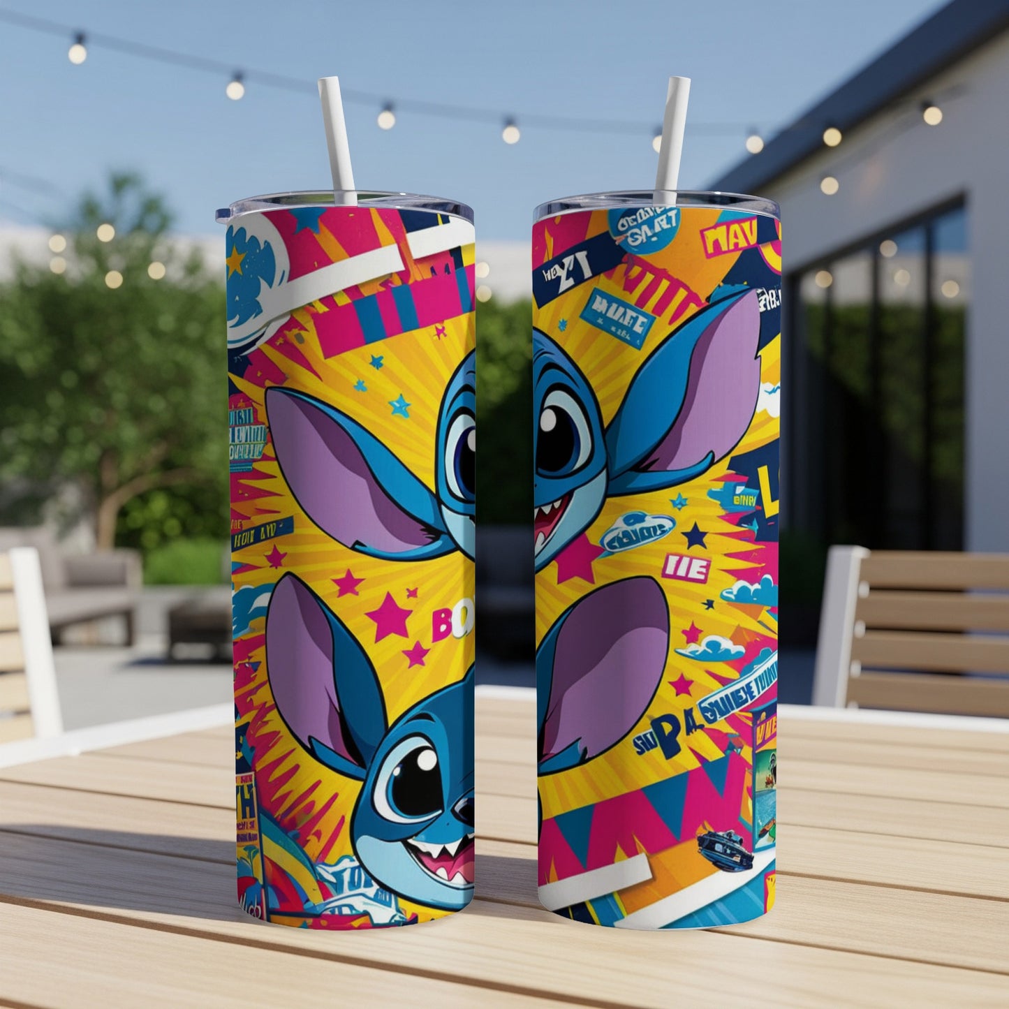 Two colorful tumblers featuring Stitch with graphic elements and text.