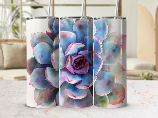 Watercolor succulent design on three white tumblers with straws.