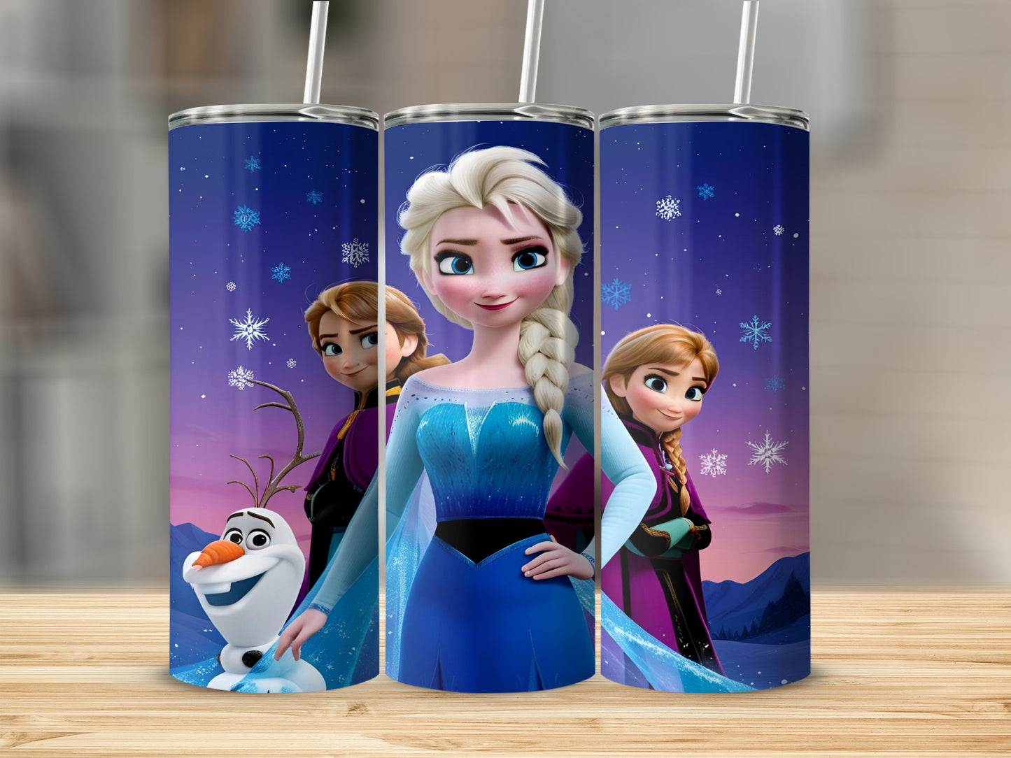 Elsa and Anna from Frozen with Olaf on a blue starry background.