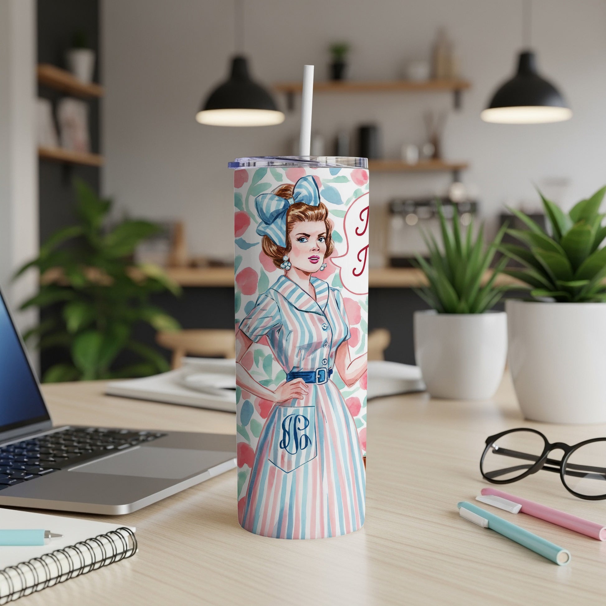 Striped tumbler with a retro woman and floral pattern.