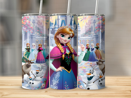 Anna and Elsa from Frozen with Olaf and Sven on a castle background.