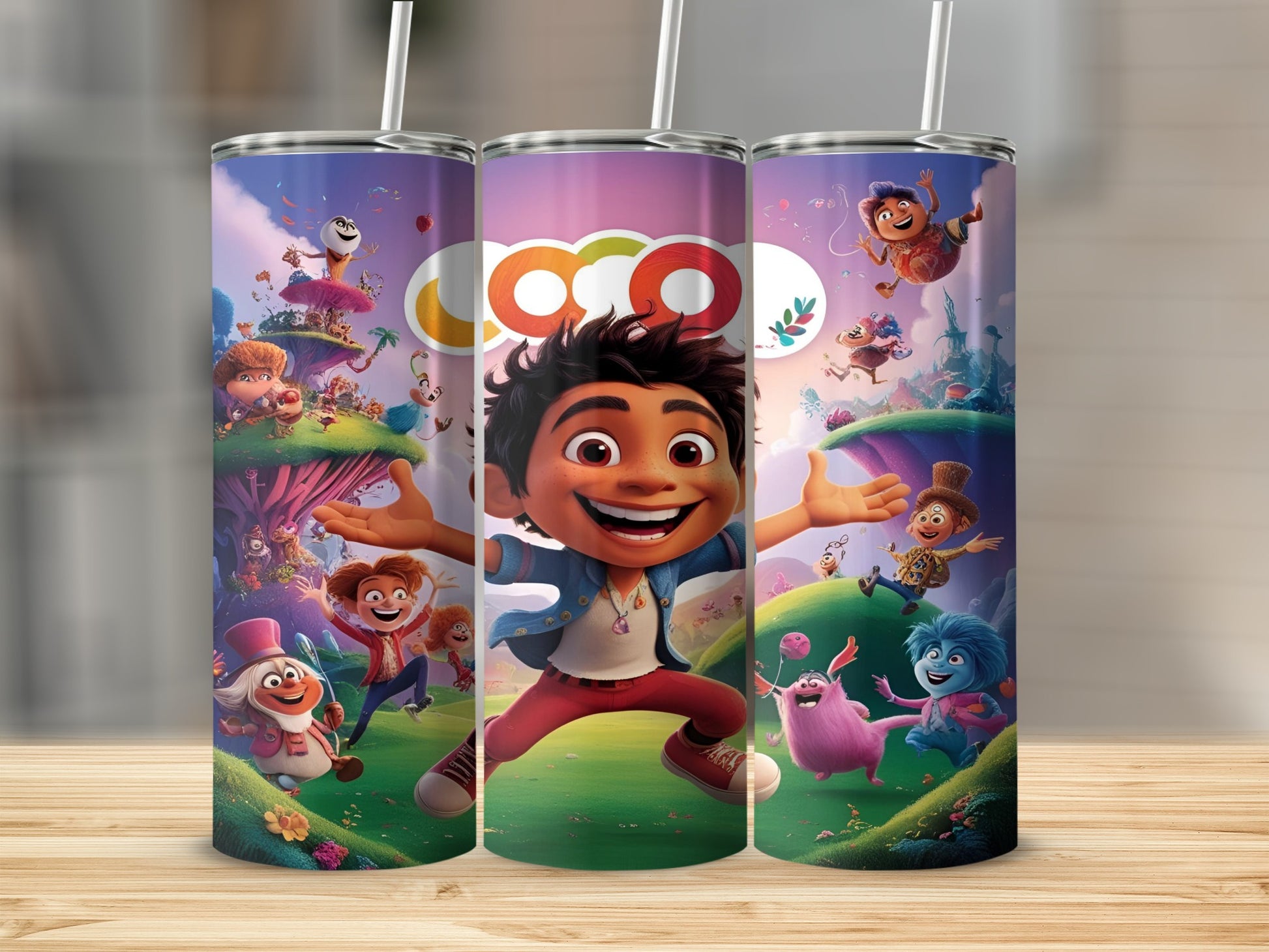 Animated characters from "Vivo" movie on a tumbler design.