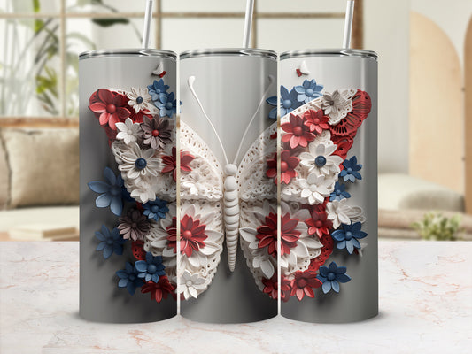 Three tumblers featuring a detailed white butterfly design with red and blue floral accents.