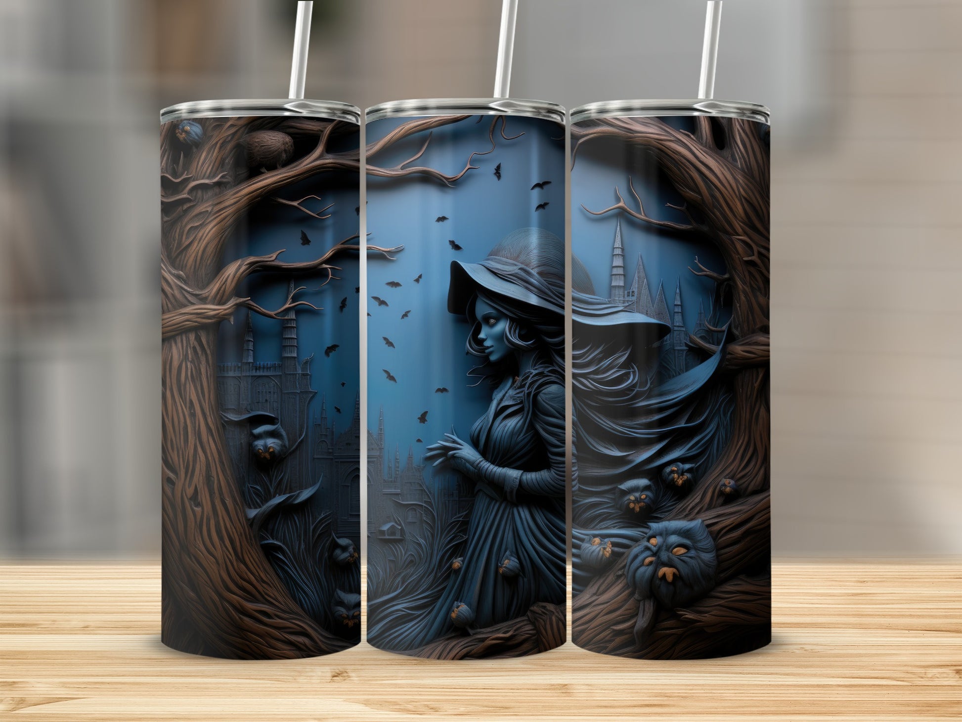Dark gothic tumbler with witch, bats, castles, and spooky trees.