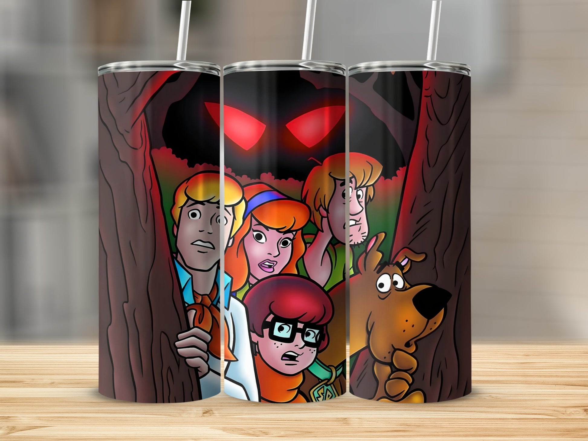 Scooby-Doo characters peeking from behind trees with red glowing eyes in background.