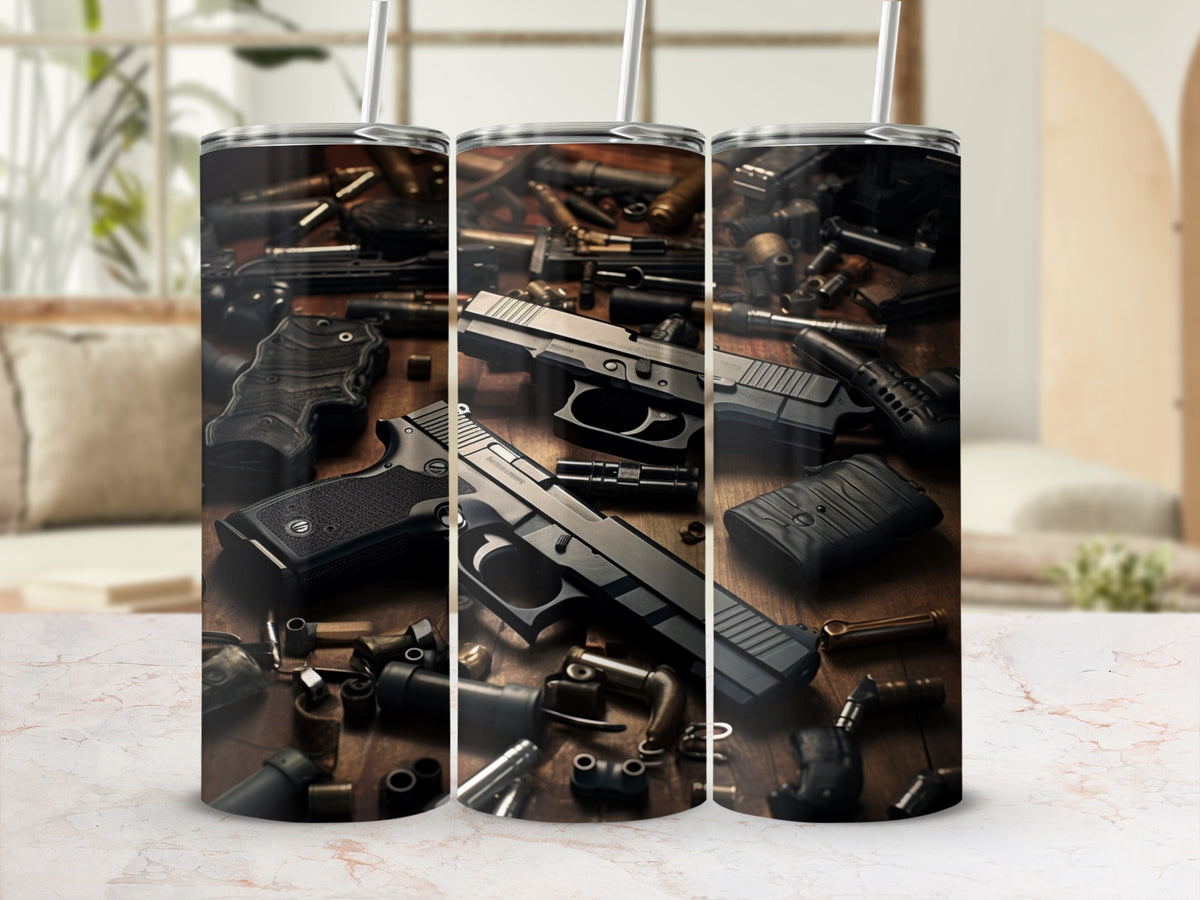 Tumbler with guns and ammunition pattern, centered on a wooden table.