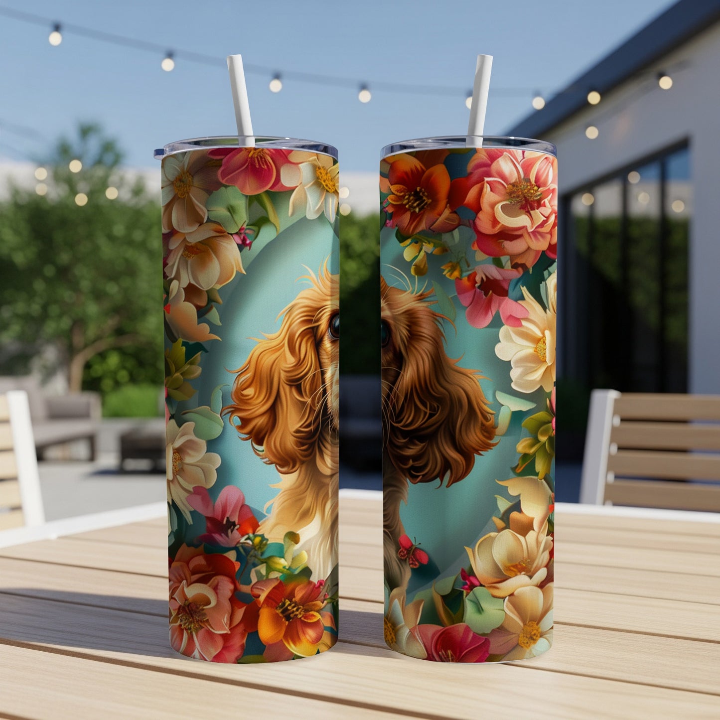 Cavalier King Charles Spaniel portrait surrounded by colorful flowers on two tumblers.
