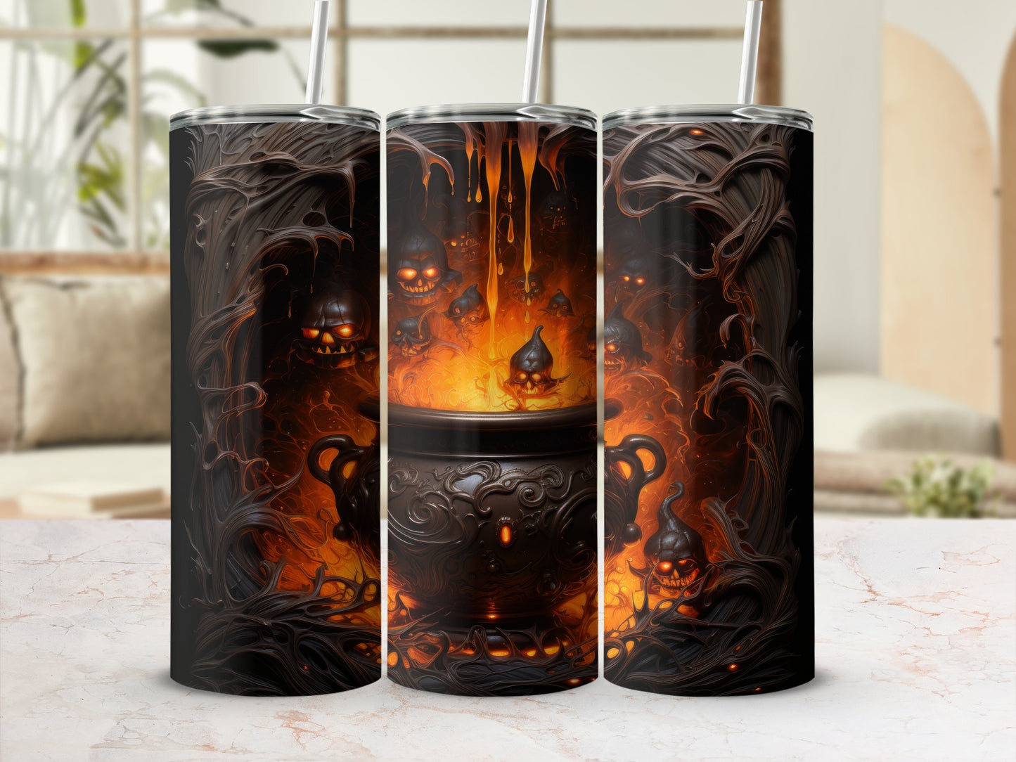 Tumbler with a dark, swirling design featuring a cauldron and glowing skulls in flames.