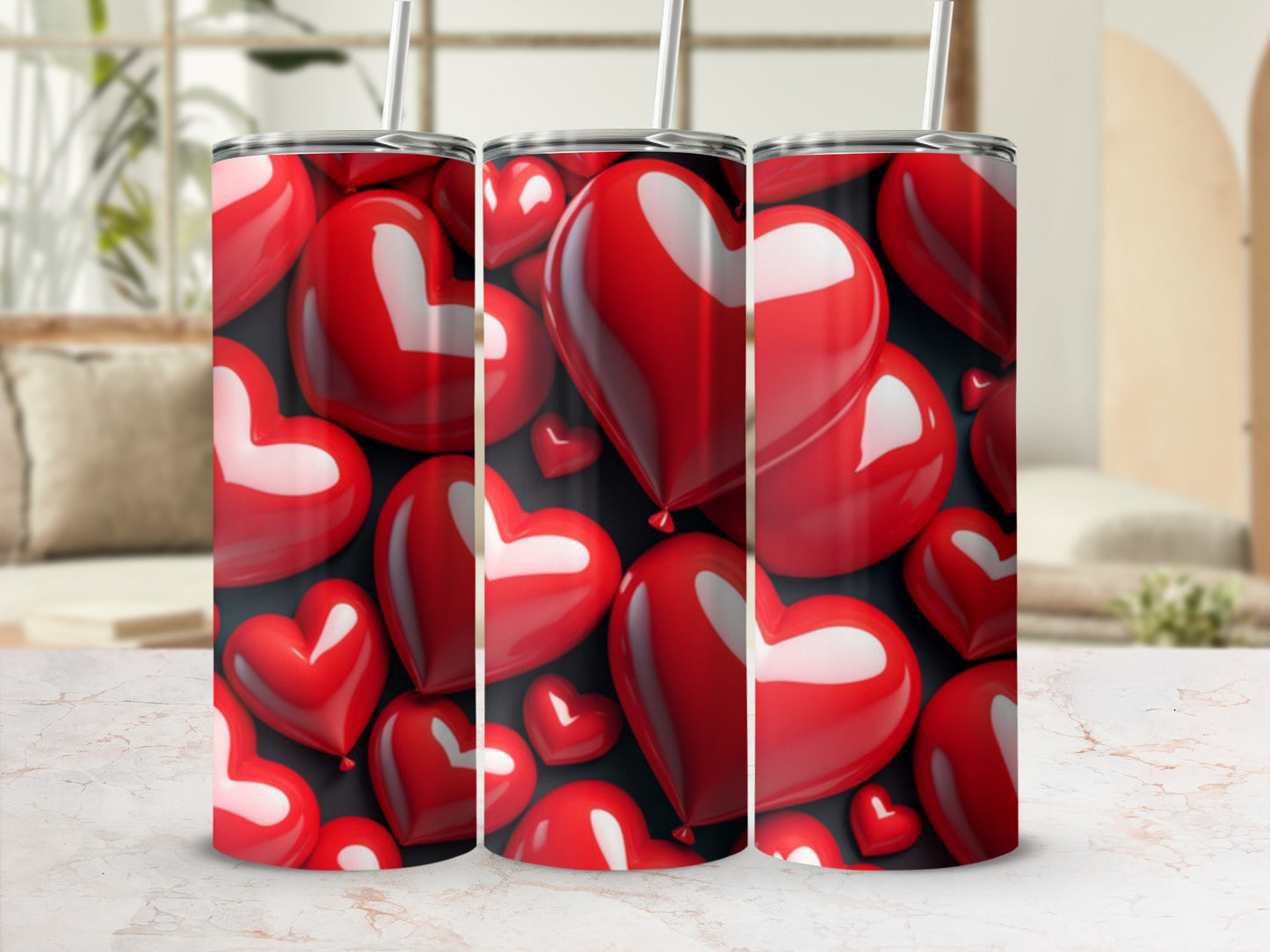 Red heart pattern on a skinny tumbler with straw.