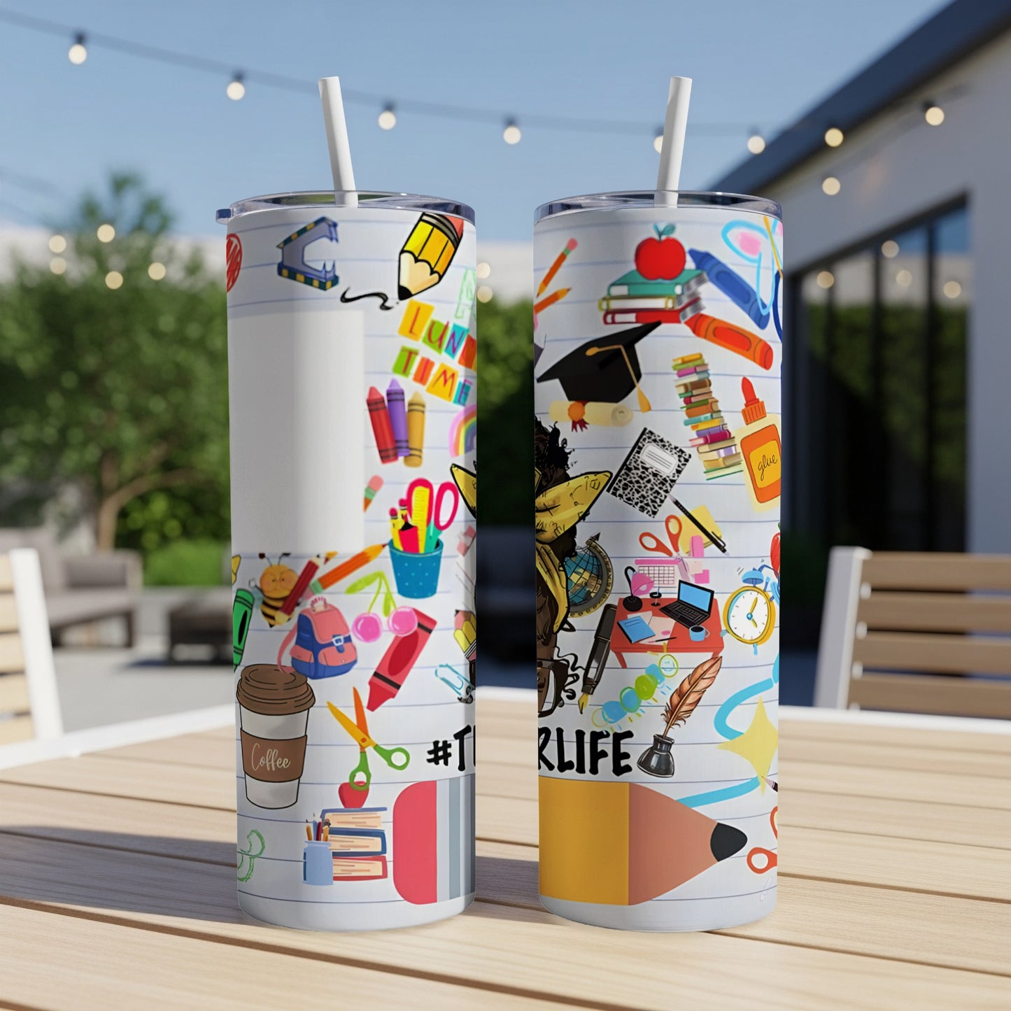 Teacher life tumbler with school supplies and motivational phrases.