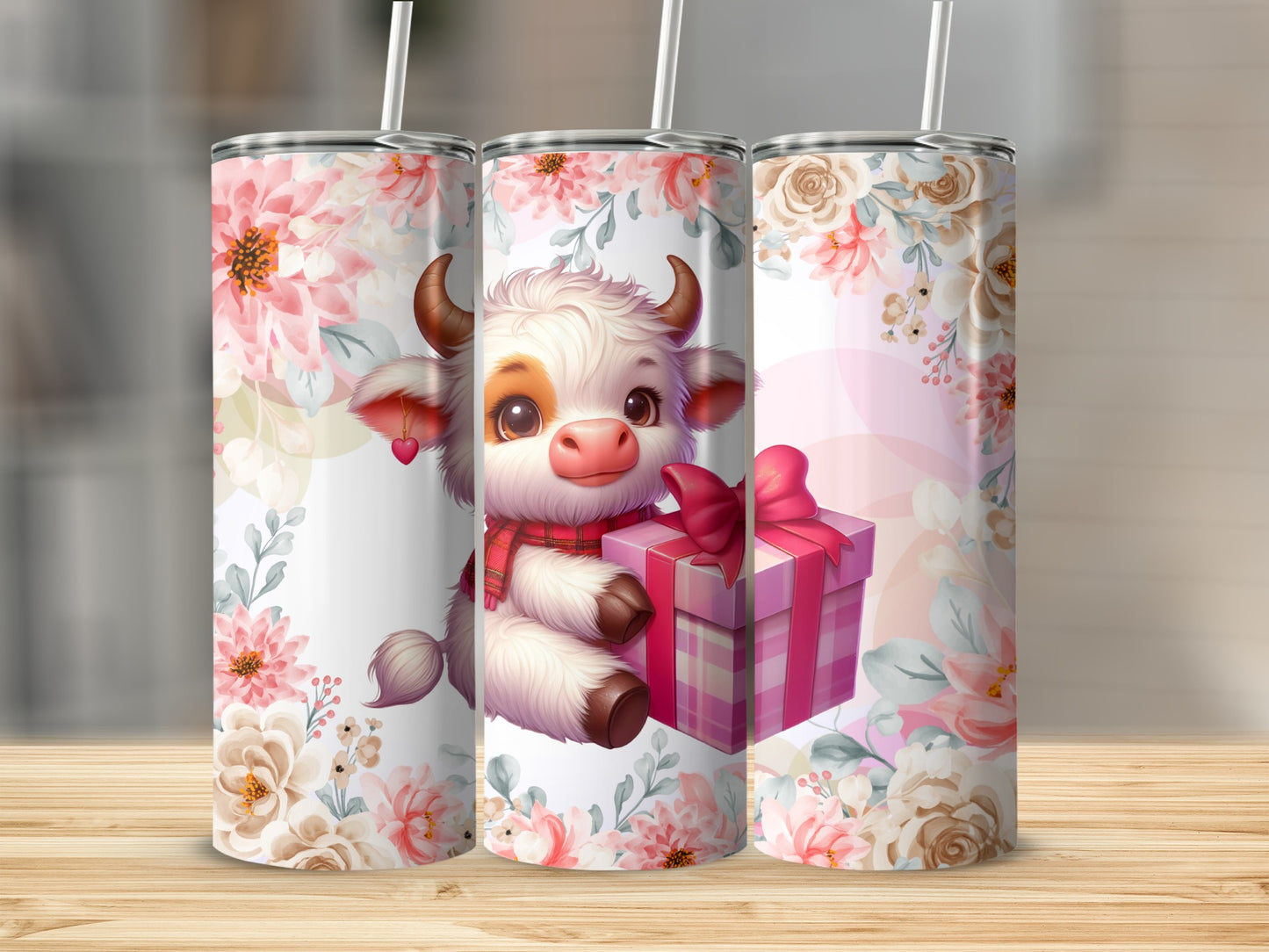 Adorable Cow with Gift Tumbler Floral Custom Design