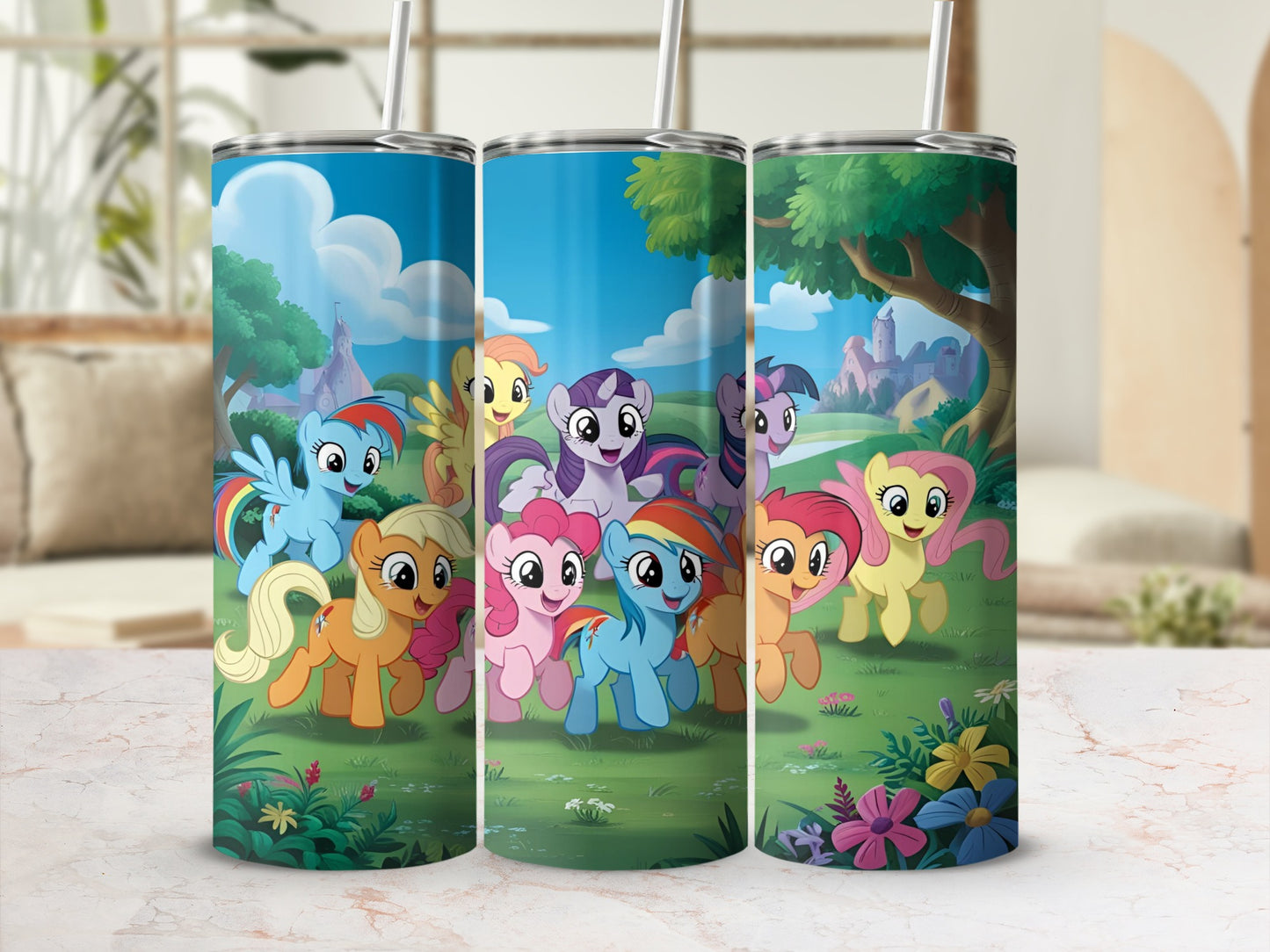 My Little Pony characters running through a grassy field with flowers.
