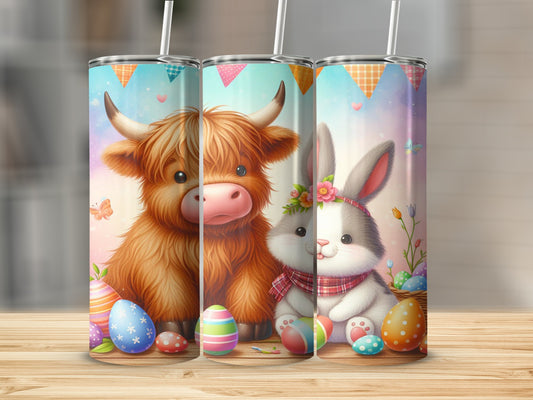 Highland cow and bunny on a tumbler with Easter eggs and checkered flags.